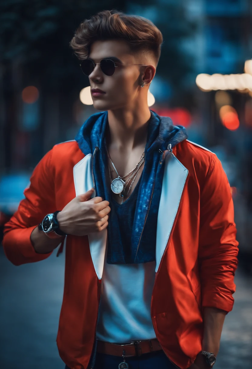 Handsome boy, cool outfit, background in city road, cool hairstyle, round face, smooth face, wearing wrist smartwatch and a locket, cool shoes white, red - blue neon stylish,