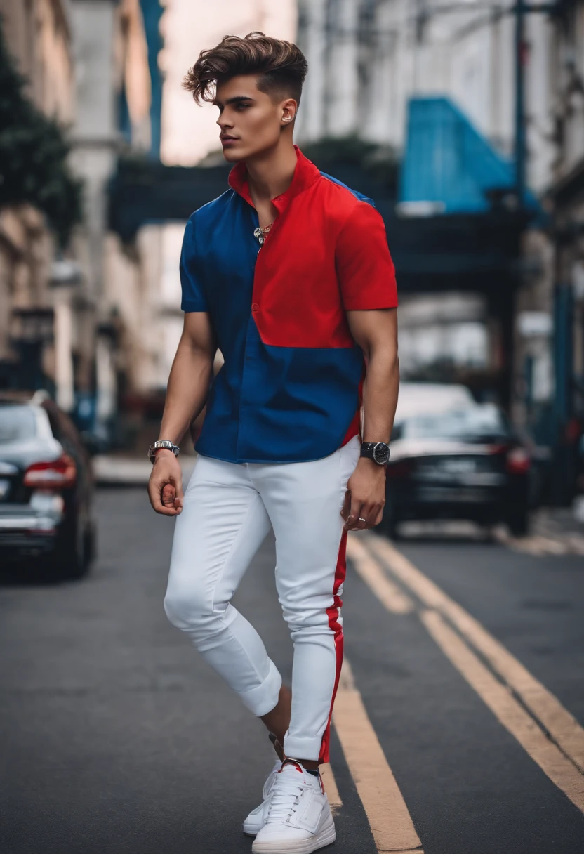 Handsome boy, cool outfit, background in city road, cool hairstyle, round face, smooth face, wearing wrist smartwatch and a locket, cool shoes white, red - blue neon stylish,