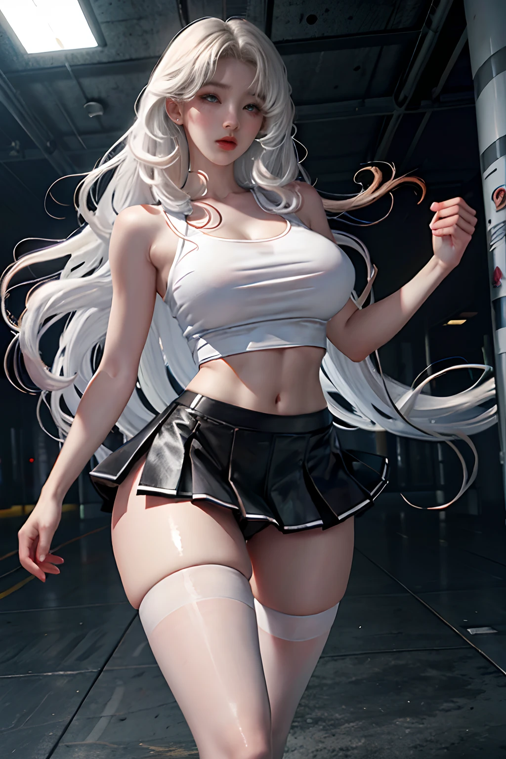 realisticlying，A high resolution，1个Giant Breast Girl，White wavy curls，korean people，Heterochromic eyes，Loose white shirt ,Sports tops，black micro skirt，long leges，Tight abs，Sexual lip biting，standing on your feet，