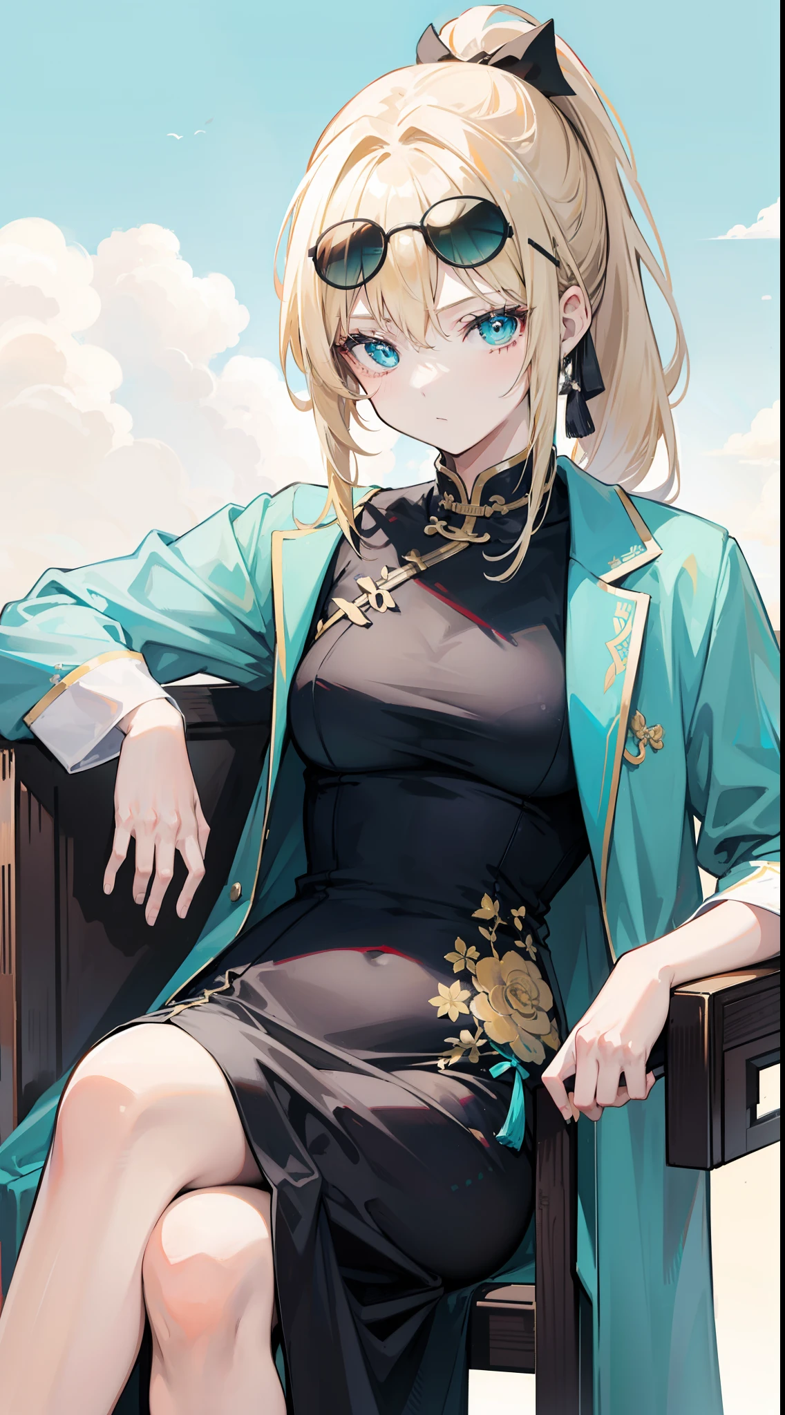 An 18-year-old woman with blond hair and turquoise eyes, a ponytail tied in a black ribbon at the back, wearing sunglasses, wearing a Chinese dress, sitting on a chair under the blue sky.