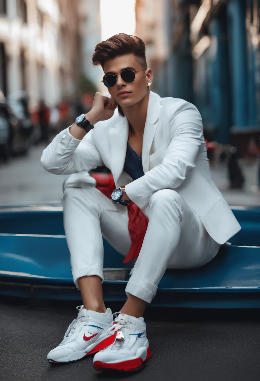 Handsome boy, cool outfit, background in city road, cool hairstyle, round face, smooth face, wearing wrist smartwatch and a locket, cool shoes white, red - blue neon stylish, front looking on camera,