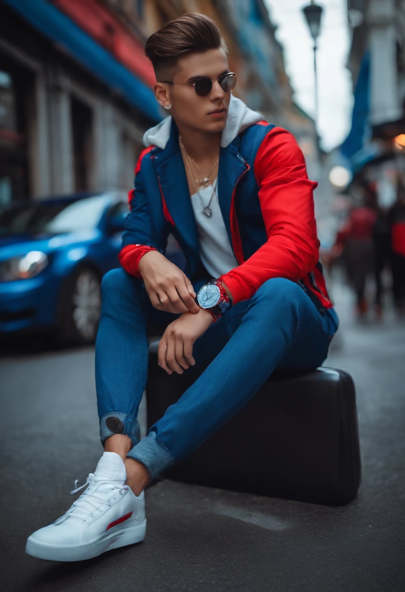 Handsome boy, cool outfit, background in city road, cool hairstyle, round face, smooth face, wearing wrist smartwatch and a locket, cool shoes white, red - blue neon stylish, front looking on camera,