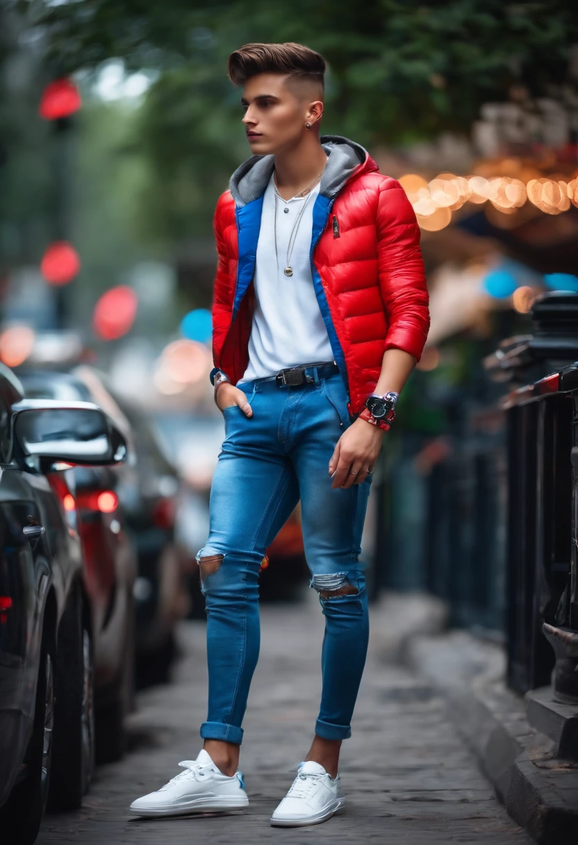 Handsome boy, cool outfit, background in city road, cool hairstyle, round face, smooth face, wearing wrist smartwatch and a locket, cool shoes white, red - blue neon stylish, front looking on camera,