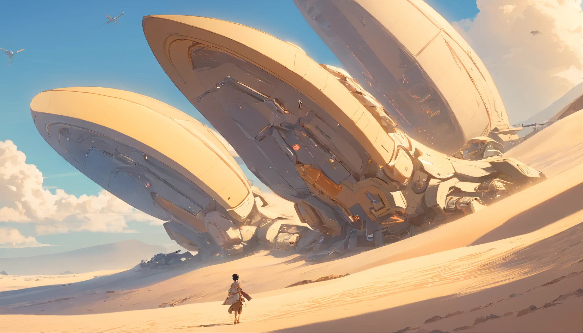 Dune concept art,Clean and neat tones,Sci-fi base scene,There are many spaceships in the air,epic concept art, Fine 8K,vray, Wasteland Science Fiction, Michael Kaluta Style illustration