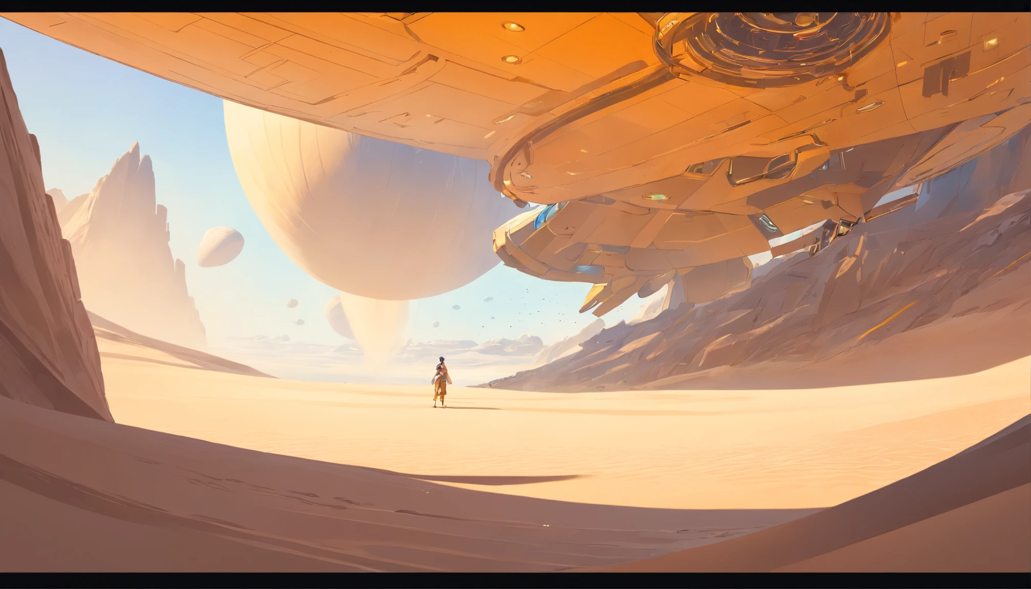 Dune concept art,Clean and neat tones,Sci-fi base scene,There are many spaceships in the air,epic concept art, Fine 8K,vray, Wasteland Science Fiction, Michael Kaluta Style illustration