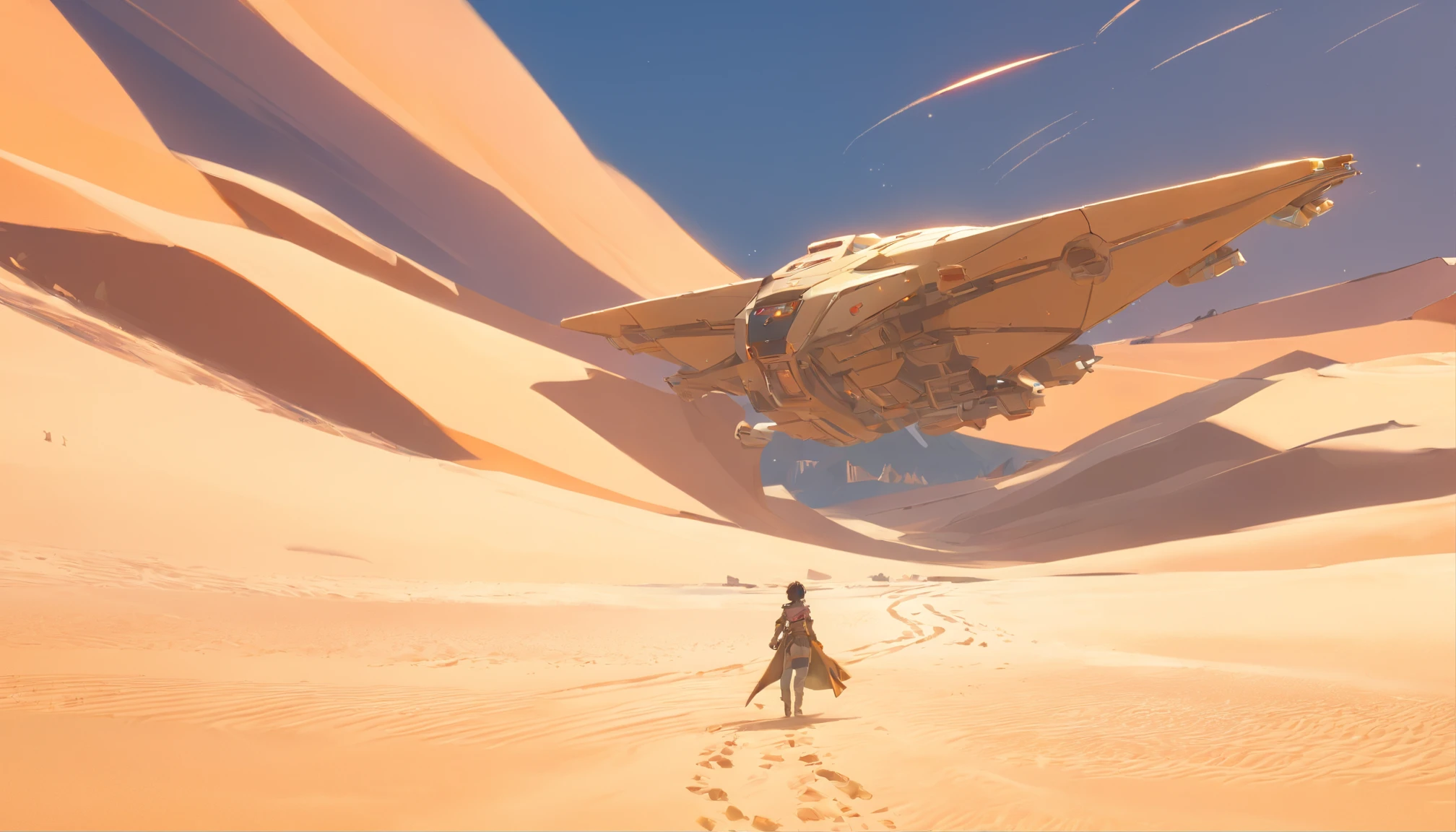 Dune concept art，Clean and neat tones，Sci-fi base scene，There are many spaceships in the air，epic concept art， Fine 8K，vray， Wasteland Science Fiction, Michael Kaluta Style illustration