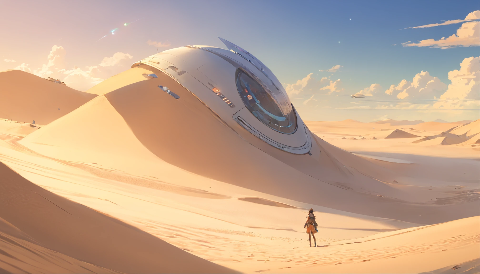 Dune concept art,Clean and neat tones,Sci-fi base scene,There are many spaceships in the air,epic concept art, Fine 8K,vray, Wasteland Science Fiction, Michael Kaluta Style illustration