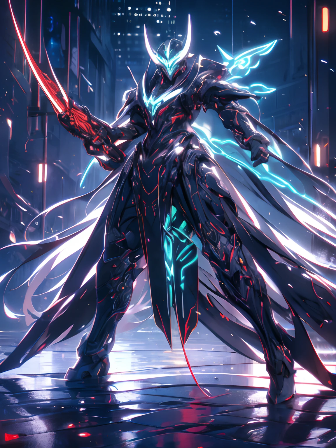 masterpiece, best quality, (Realistic, Intricate details, Shiny, Reflective, Bioluminescent, cybersamurai, red-green armor), (assassin:1.2), Mech Knight, ((Guard Stance)), Halo, Elden Ring, (Attacking with symmetrical neon red sword:1.2, intricate details), Galaxy, GlowingRunes_red, fullbody, cinemnatic, dark background, backlight, high contrast,