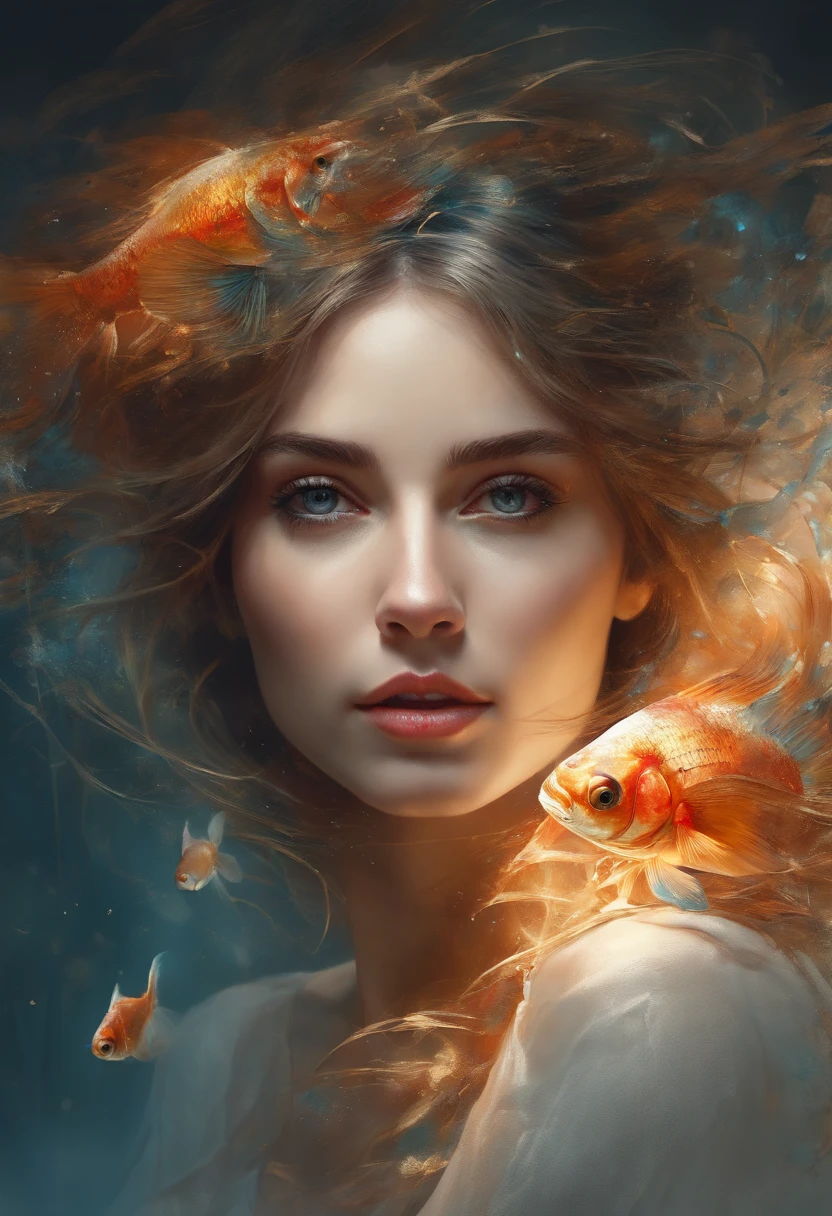 Perfect centering, Fantastic goldfish, cheerfulness, Standing position, Abstract beauty, Centered, Looking at the camera, Facing the camera, Approaching perfection, Dynamic, Highly detailed, Smooth, Sharp Focus, 8K, hight resolution, Illustration, art by carne griffiths and wadim kashin, White background