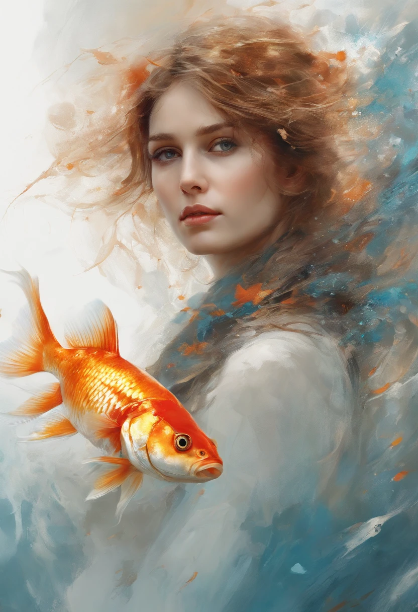 Perfect centering, Fantastic goldfish, cheerfulness, Standing position, Abstract beauty, Centered, Looking at the camera, Facing the camera, Approaching perfection, Dynamic, Highly detailed, Smooth, Sharp Focus, 8K, hight resolution, Illustration, art by carne griffiths and wadim kashin, White background