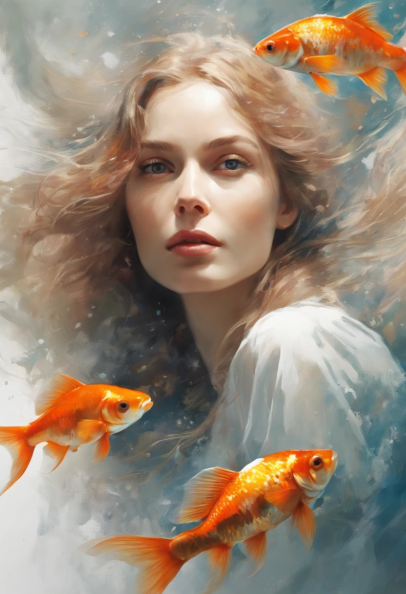 Perfect centering, Fantastic goldfish, cheerfulness, Standing position, Abstract beauty, Centered, Looking at the camera, Facing the camera, Approaching perfection, Dynamic, Highly detailed, Smooth, Sharp Focus, 8K, hight resolution, Illustration, art by carne griffiths and wadim kashin, White background