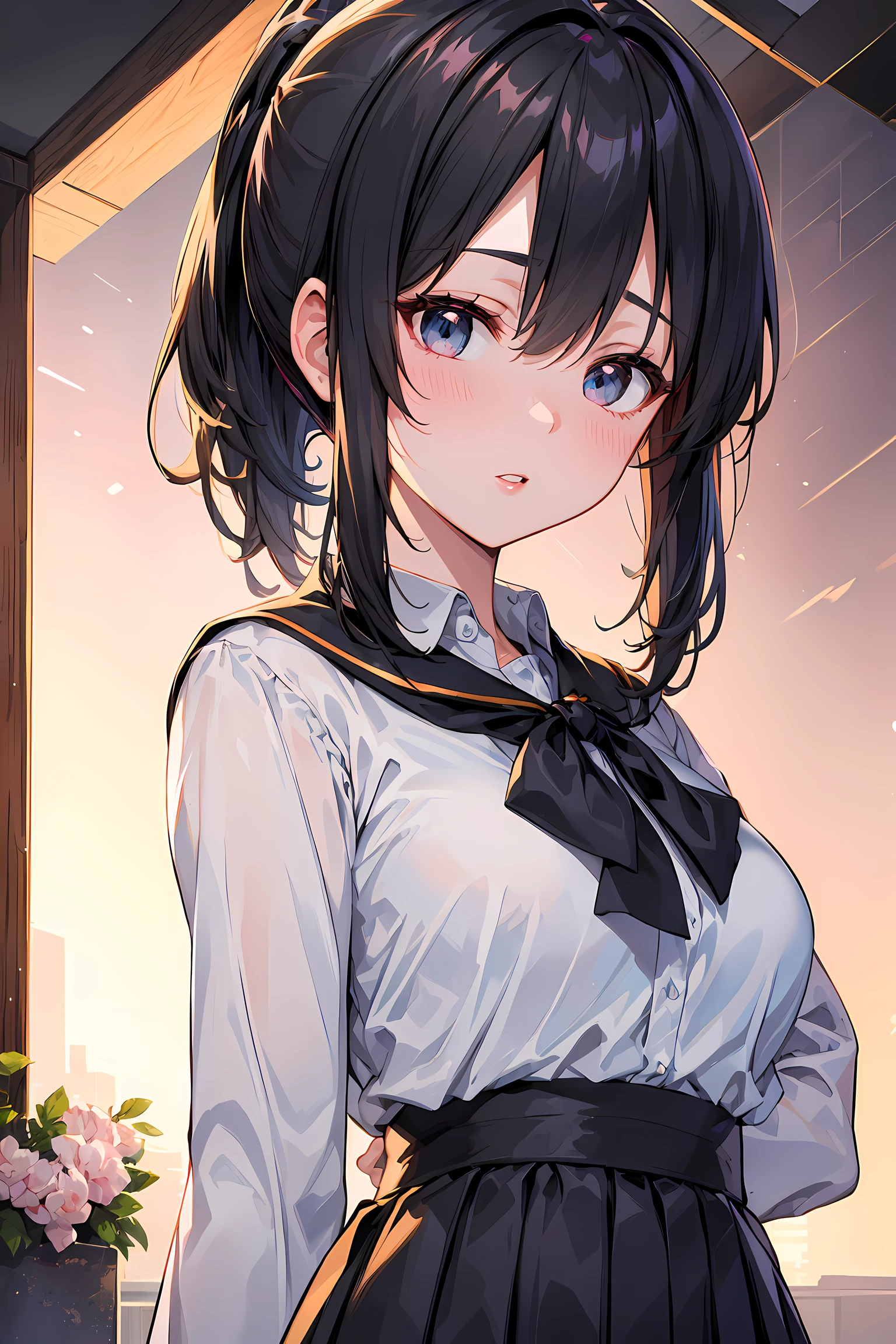 (1girl:1.3, solo), (Audrey Hepburn:1.3), (a extremely pretty and beautiful Japanese woman), (sexy girl), (professional attire:1.3), (22 years old: 1.1), (from below:1.3), (low angle:1.3), (ground level shot:1.3), (girl on top:1.3), (arms behind back between legs:1.3), (attractive random posing:1.3), (in the queenroom:1.3), (starring at you:1.3), break, (bobble ponytail:1.3), (shiny-black thin hair:1.2), bangs, dark brown eyes, beautiful eyes, princess eyes, (big eyes:1.3), bangs, Hair between eyes, short hair:1.3, (slender:1.1), (small-medium-breasts:0.95), (thin waist: 1.15), (detailed beautiful girl: 1.4), Parted lips, Red lips, full-make-up face, (shiny skin), ((Perfect Female Body)), (Upper Body Image:1.3), Perfect Anatomy, Perfect Proportions, (most beautiful Korean actress face:1.3, extremely cute and beautiful Japanese actress face:1.3), BREAK, (View viewer, wearing a school girl uniform, (insanely detailed collared sailor shirt:1.3, long-sleeve:1.3), (black box-skirt:1.3), detailed clothes, BREAK, (detailed classy queenroom background:1.2), (dark background), (Studio soft lighting: 1.3), (fake lights: 1.3), (backlight: 1.3), BREAK, (Realistic, Photorealistic: 1.37), (Masterpiece, Best Quality: 1.2), (Ultra High Resolution: 1.2), (RAW Photo: 1.2), (Sharp Focus: 1.3), (Face Focus: 1.2), (Ultra Detailed CG Unified 8k Wallpaper: 1.2), (Beautiful Skin: 1.2), (pale Skin: 1.3), (Hyper Sharp Focus: 1.5), (Ultra Sharp Focus: 1.5), (Beautiful pretty face: 1.3), (super detailed background, detail background: 1.3), Ultra Realistic Photo, Hyper Sharp Image, Hyper Detail Image,