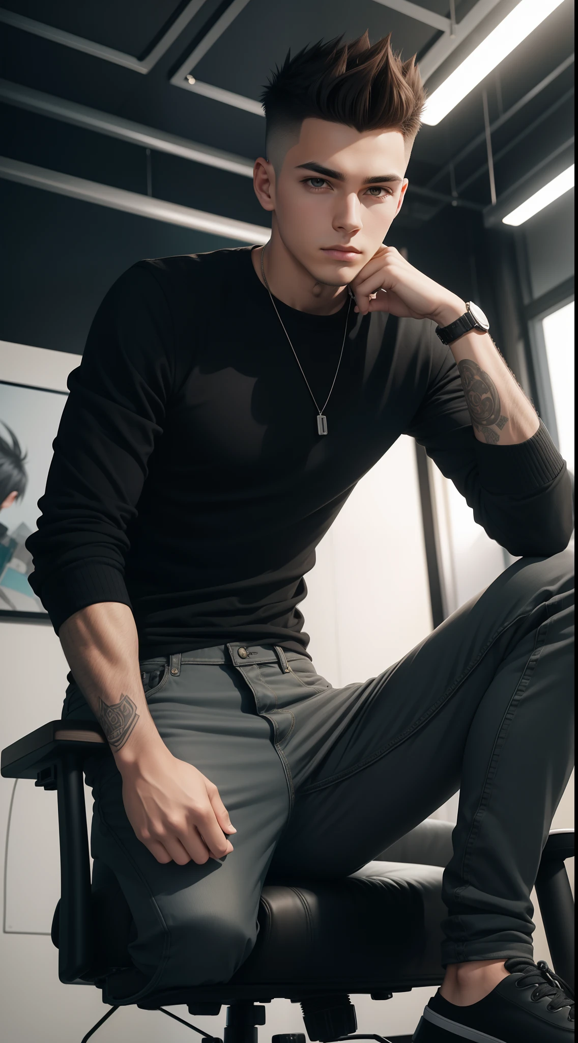 young man name urban legend with short spiky hair in Studio co seeing camera front sit on chair alone show full body