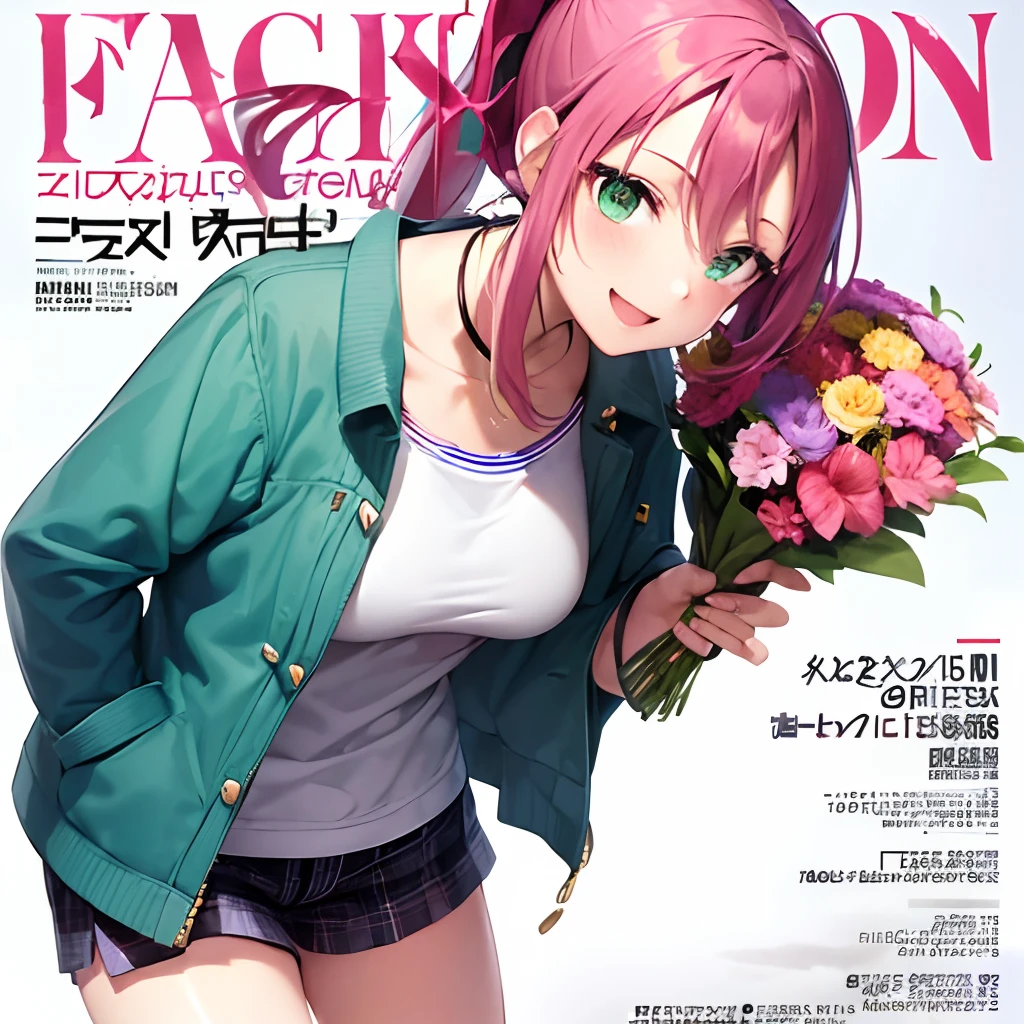 1girl, solo,(intricate pink hair,streaked hair,shaggy cut,french braid:1.2),(pink eyes:1.1),(magazine cover,flowershop:1.2),Streetwear outfit,spring fashion,holding bouquet <lyco:Clothing_brand:0.6>