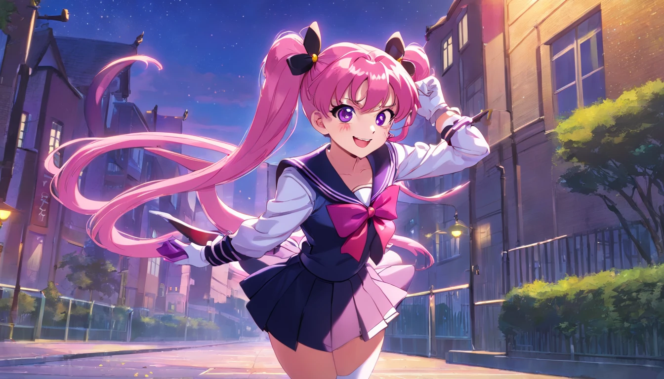 she is a pink haired girl with long ponytails like Sailor Moon, black school girl uniform with White Collar and purple edges, two purple bows on each ponytails, holding a Sailor Moon style purple wand with hair bow a top, white long gloves, white knee high stockings, with black shoes. She has a round completely black face with smile eyes and teeth like Marvel female Venom character. Make her and a sailor moon anime girl style pose in a schoolyard.