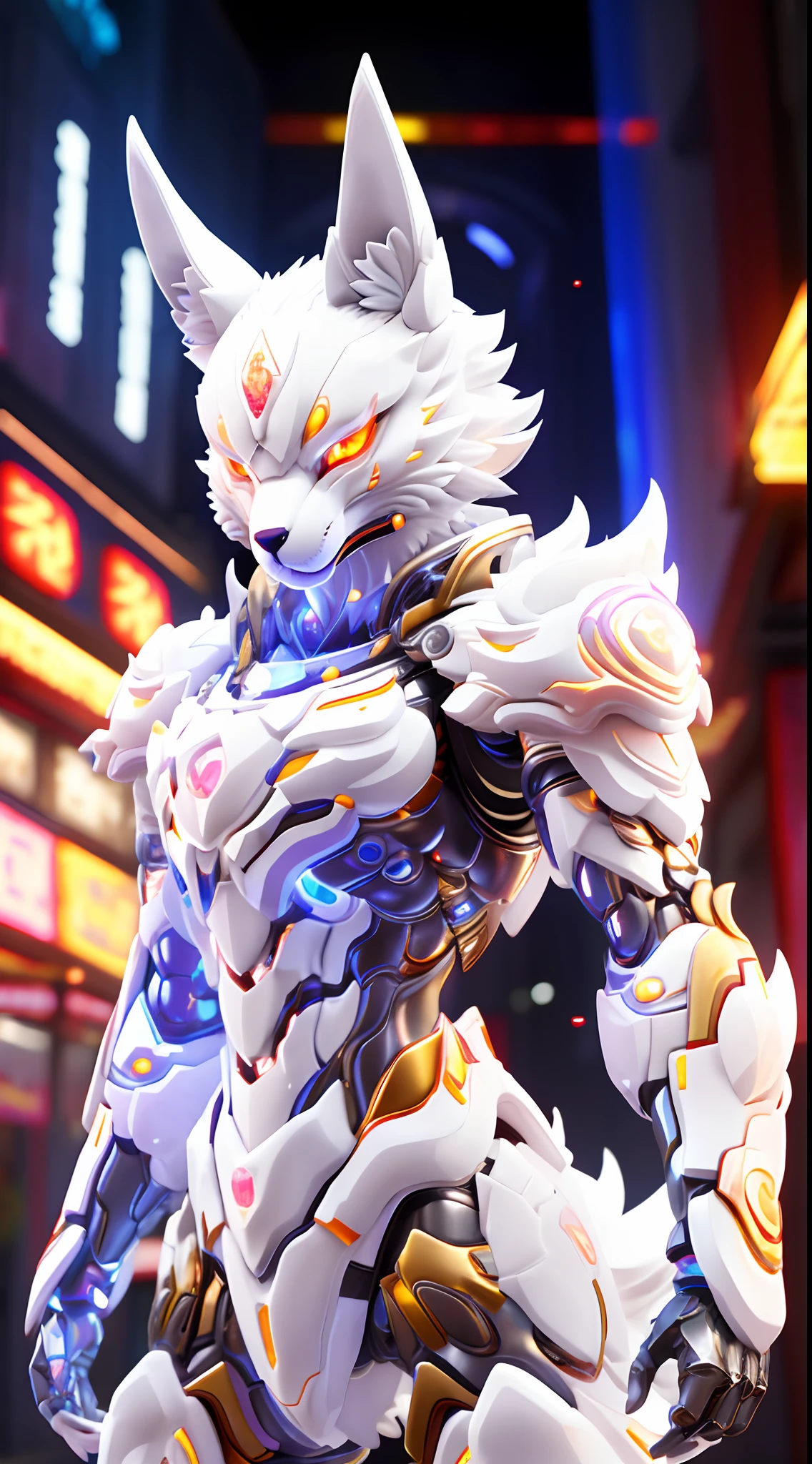 CHINESE WHITE FOX, FOX HEAD, Heterochromia eyes, NINETAILES, CRYSTAL ARMOR, TRANSPARANT, MUSCLE BODY.