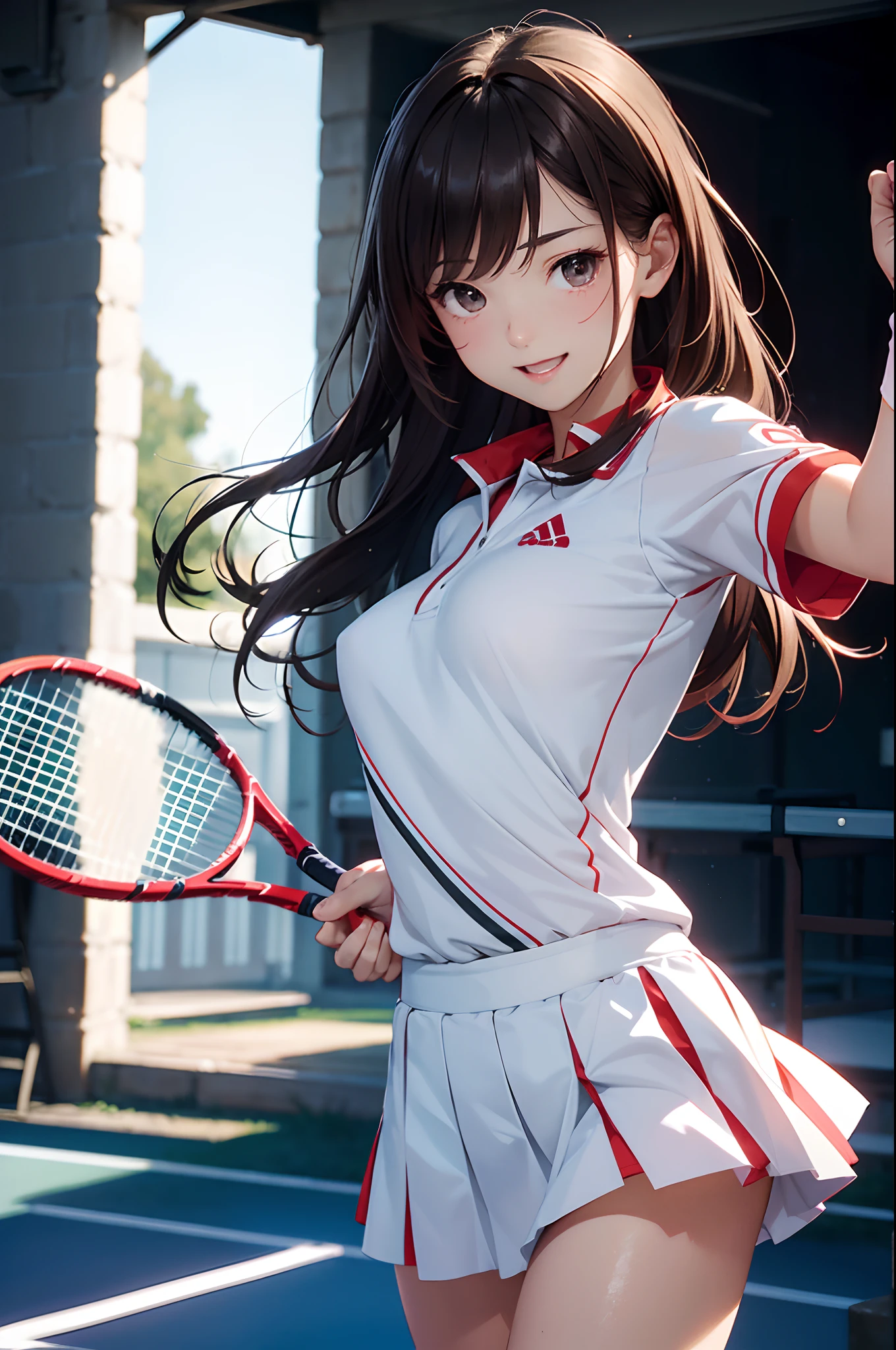 (top-quality、in 8K、32K、​masterpiece、nffsw、超A high resolution、Impresionismo、Photorealsitic:1.2)、Looking back、Full body, tennis coat、beauitful face、blurry backround、18 year old beautiful girl、shinny skin、Twin-tailed、beautiful brown hair、Gray eyes、Tie your hair with a big red ribbon、Tennis Uniforms、raise arms、Smile with open mouth、Curve、Holding a racket、Dynamic Poses、white  panties、