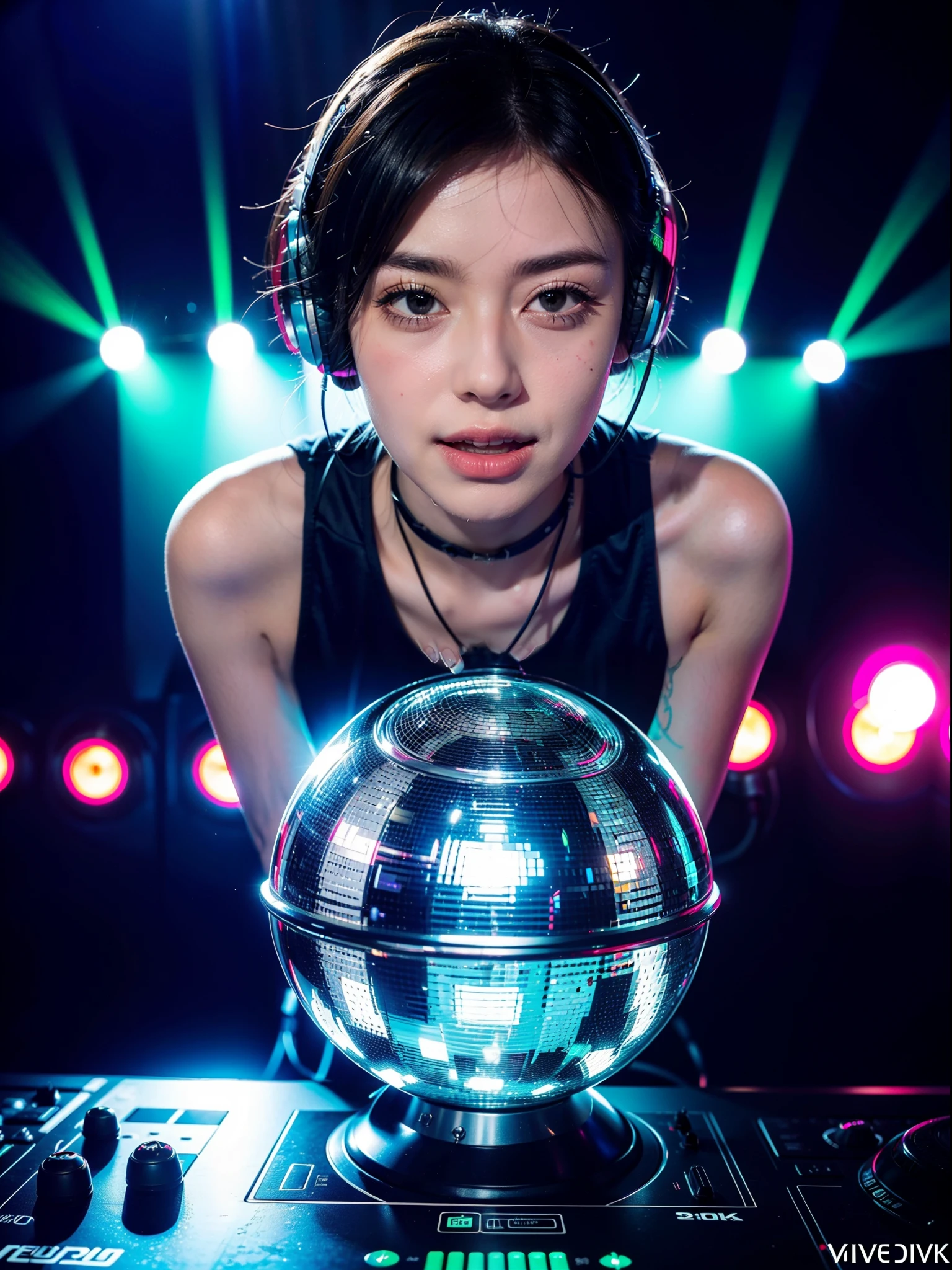 (best quality,4k,8k,highres,masterpiece:1.2),ultra-detailed,(realistic,photorealistic,photo-realistic:1.37),A girl DJ with musical instruments,vibrant colors,studio lighting,bokeh,detailed face expression,dynamic pose,futuristic headphones,energetic dance floor,professional equipment,electric atmosphere,dancing crowd,strobing lights in the background,shining stage,sparkling disco ball,playful and lively mood,smoke machine,superb sound system,laser effects,jumping bass,electronic beats,clubbing theme,vivid colors,neon lights.