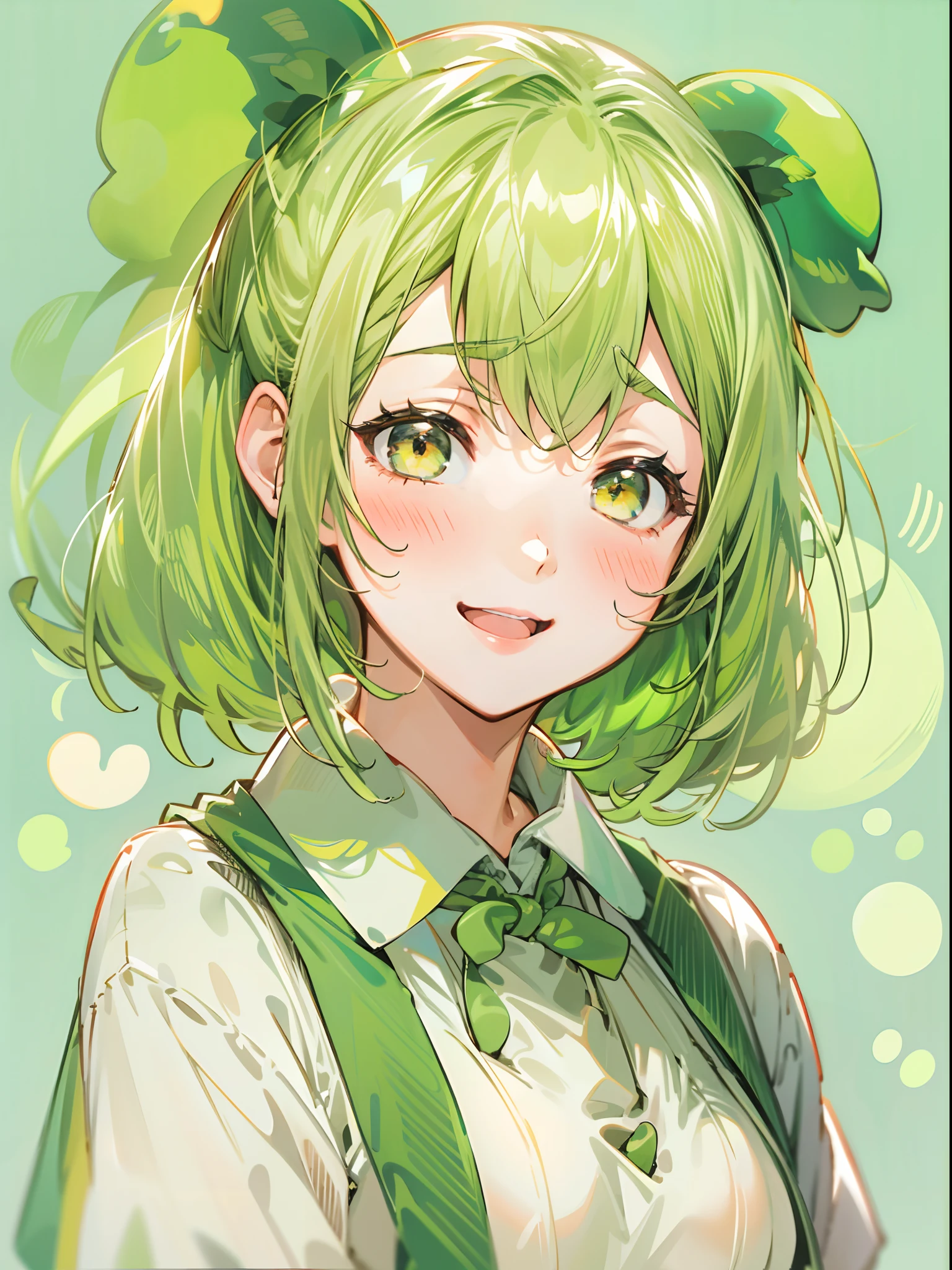 a beauty girl,Yellow-green hair,bobhair、short-hair、Gentle drooping eyes,large full breasts、校服,Manga style,fulcolor,hi-school girl,Calm and gentle face,Big smile、innocent smiles、Edamame ears, Edamame ears、