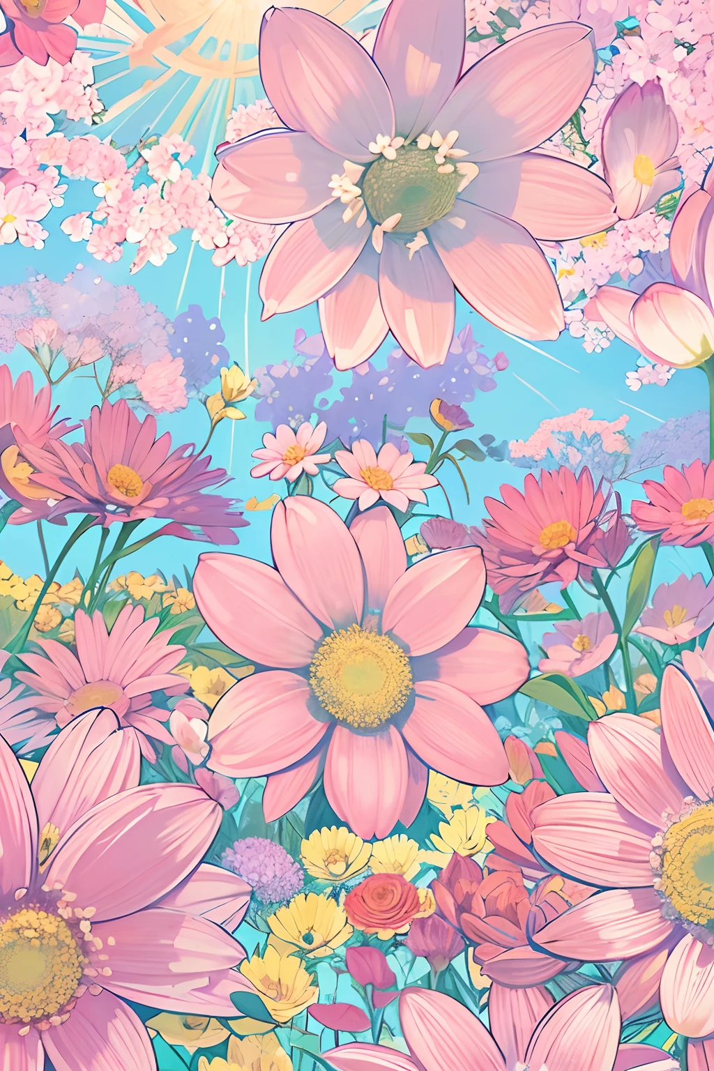 Pink flowers々、Flower garden、rays of sunshine、Sunshine Effect、blue-sky