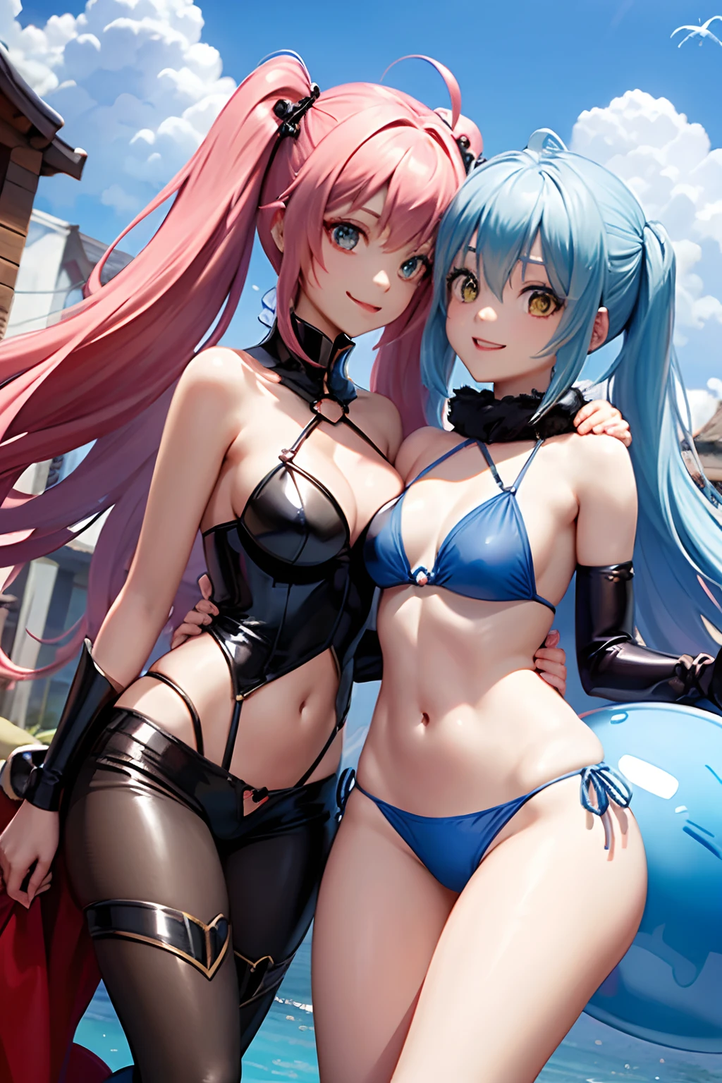 1female、When I was reincarnated, I was a slime character(Mirim)、Demon King Mirim、The body of the masterpiece Mirim、Top Quality Bikini Armor、bikini-armor、Mirim's Face Accurate、blue eyess、animesque、Pink Hair、Twin-tailed、Proud twintails、Hair、Red Long Boots、Ultra-detailed red long boots、small tits、a smile、huge smile、