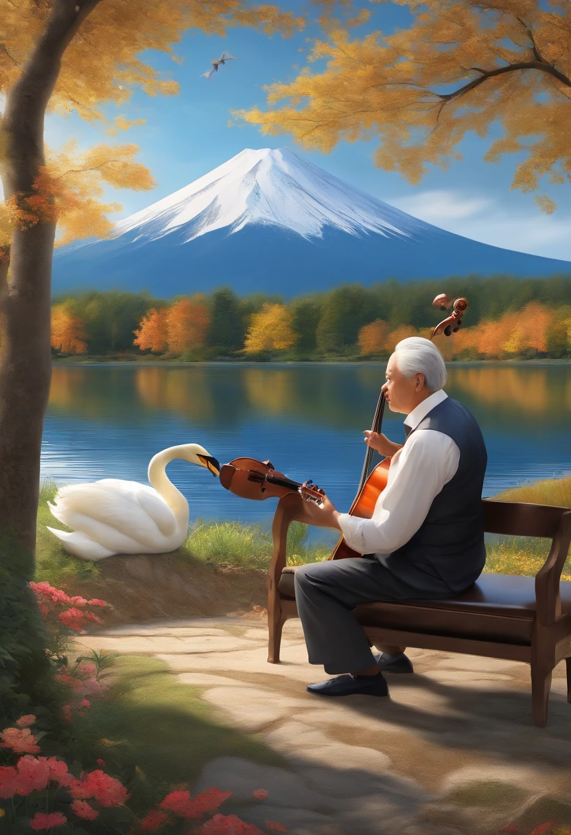 top-quality, 4k, 8k, Highres, Masterpiece:1x), Super detailed, (Realism, Photo-real, Photo realism:1.37), HDR, UHD, Exquisite graphics, Clear focus, Physical rendering, Extremely detailed description, specialized, Vivid colors, soft focus, Fine art oil painting, Exquisite illustrations, Landscape scenery, Musical environment, Mt fuji, Beautiful lake, Lake Yamanakako Lakeside, Jazz performance, Man decorated with costumes, Highly detailed hair, Gray hair, 70 years old, Stay sitting, Wearing a shiny black suit dress, Semi-formal wear, Wrinkled face, Sit in a comfortable chair, Playing the cello intently, Elegant gestures, Music score, The notes are floating, floresta exuberante, The chirping of birds, Branches, Natural light, A gentle breeze, Blue sky and white clouds, Two white swans in the lake, splendid, Focus perfect, Realism, Feel the ambient sound, Beautiful music。