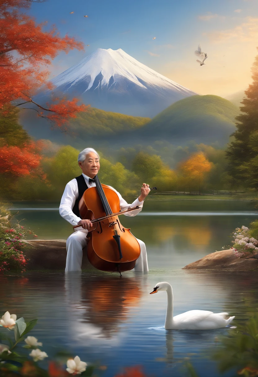 top-quality, 4k, 8k, Highres, Masterpiece:1x), Super detailed, (Realism, Photo-real, Photo realism:1.37), HDR, UHD, Exquisite graphics, Clear focus, Physical rendering, Extremely detailed description, specialized, Vivid colors, soft focus, Fine art oil painting, Exquisite illustrations, Landscape scenery, Musical environment, Mt fuji, Beautiful lake, Lake Yamanakako Lakeside, Jazz performance, Man decorated with costumes, Highly detailed hair, Gray hair, 70 years old, Stay sitting, Wearing a shiny black suit dress, Semi-formal wear, Wrinkled face, Sit in a comfortable chair, Playing the cello intently, Elegant gestures, Music score, The notes are floating, floresta exuberante, The chirping of birds, Branches, Natural light, A gentle breeze, Blue sky and white clouds, Two white swans in the lake, splendid, Focus perfect, Realism, Feel the ambient sound, Beautiful music。