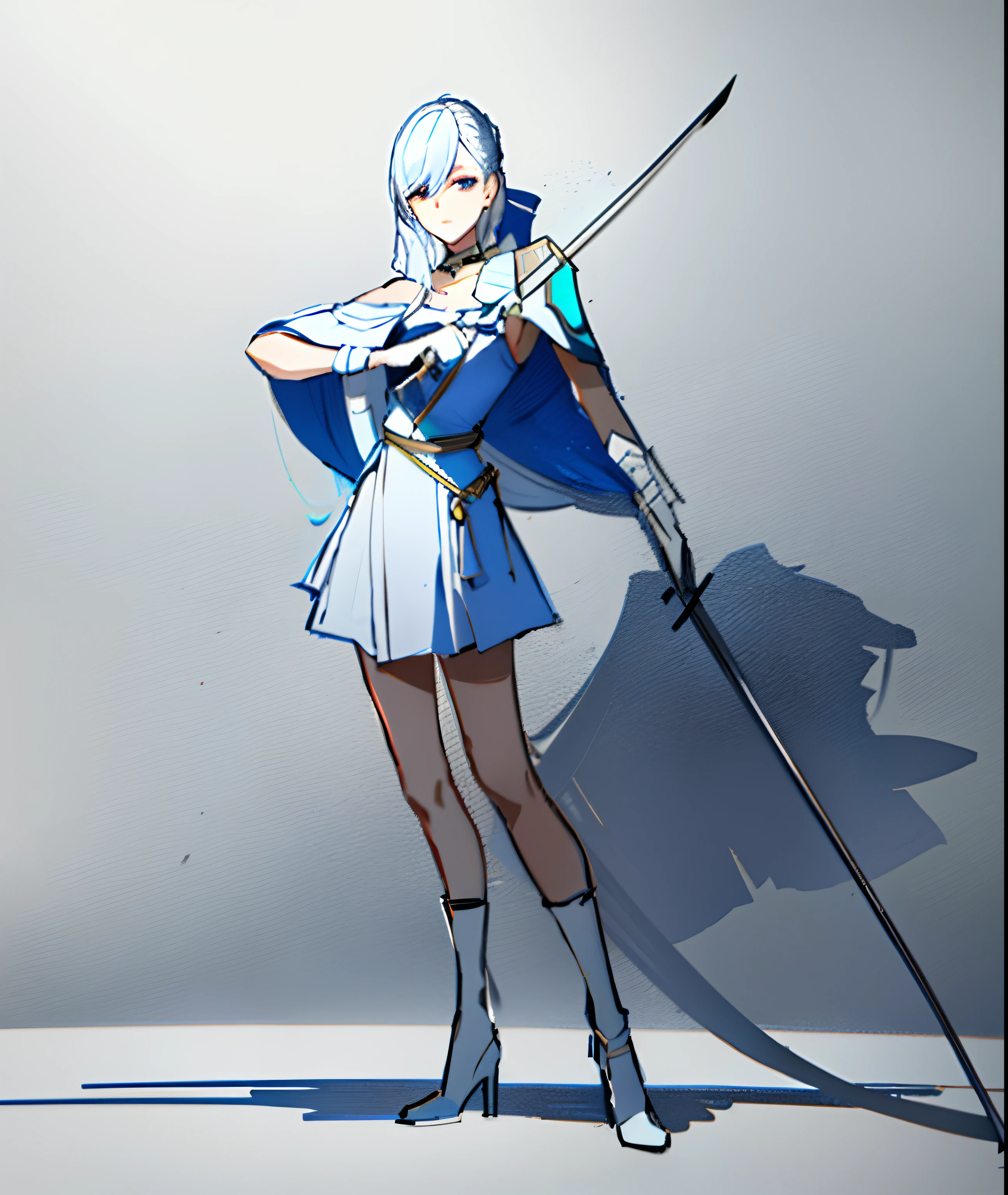 a drawing，A woman in a dress with a sword, full body concept, holding a sword on her shoulder, anime girl with a bow and arrow, Character design sketch, she is holding a sword, Line sketch, ( ( concept art of character ) ), clear outfit design, full body character concept, character posing for concept art, Full body character drawing, concept character