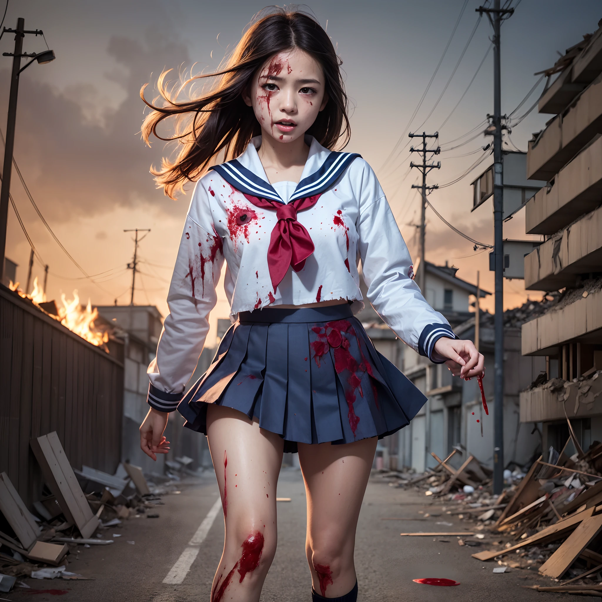 (in 8K、RAW Photos、top-quality、​masterpiece:1.2)、(realisitic、Photorealsitic:1.37)、ultra-detailliert、超A high resolution、Heroine of a monster movie、Beautiful -yeld hischool girl in Japan desperately fleeing from a giant monster in devastated Tokyo、terrified expression、School Uniforms、Schoolgirl Uniform、Torn and dirty tattered sailor suit、disheveled clothing、ripped fabric、(Clothes with blood stains:1.2)、Short pleated skirt、Torn skirt、Dirty hair、smudged face、dirty skin、(bloody skin:1.2)、Running through the rubble、building crumbling、Burning flame、stunningly beautiful face、dynamic ungle、动态照明