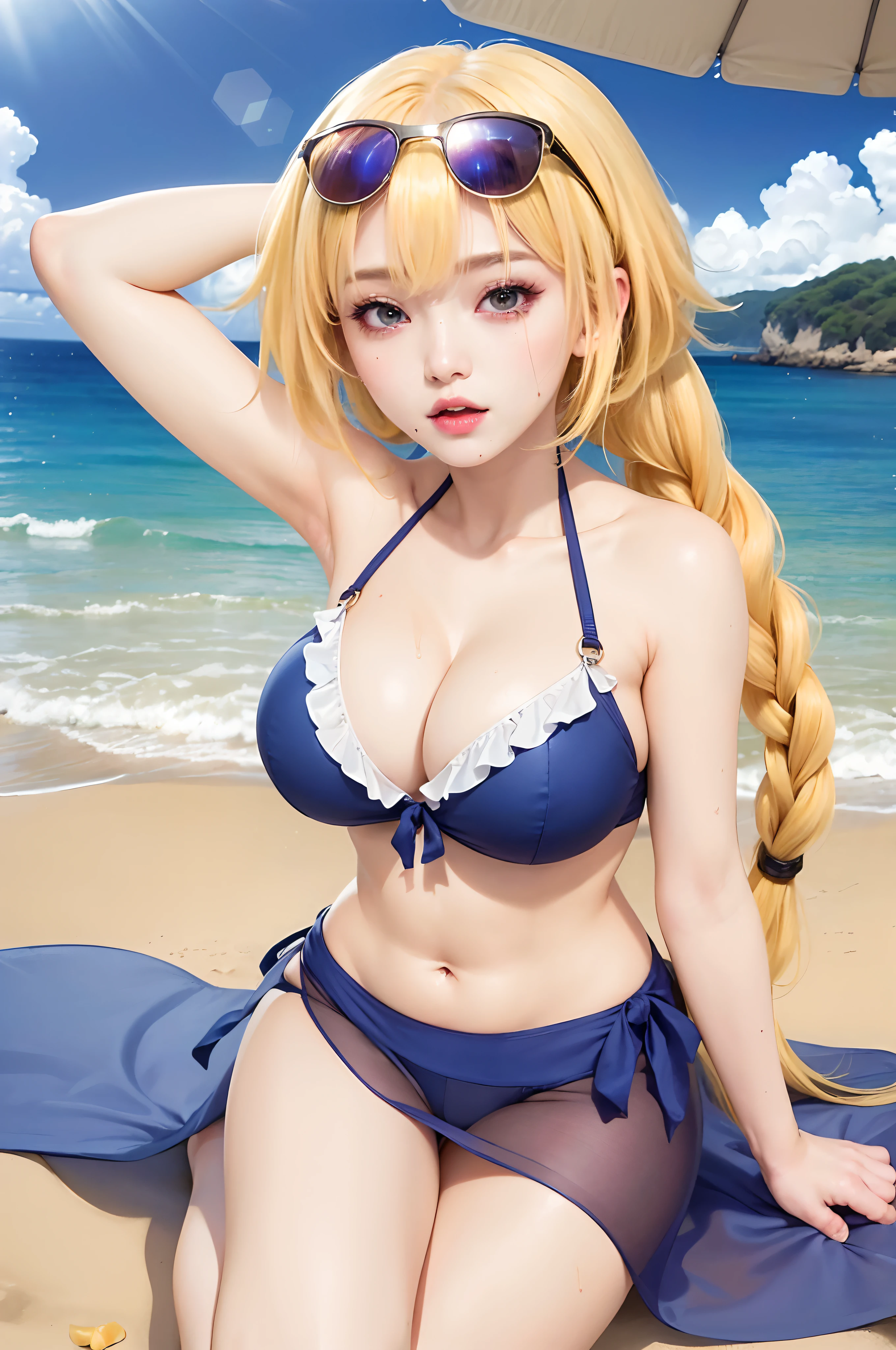 best quality, ultra high res, (photorealistic:1.4), 8k resolution, girl, (yellow hair:1.3), (realistic hair:1.2), (Korean girl:1.2), (realistic eyes:1.2), (beauty face:1.3), perfect body, white pale skin, big breast, cleavage, , (eyes looked up:1.3), (wet body and thong:1.2),