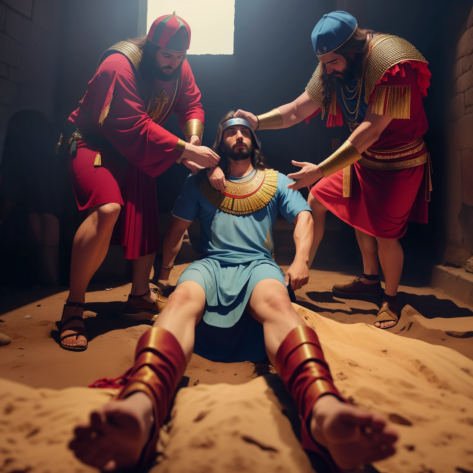 Man in blue shirt is being bailed out for a man in red dress, vestidos com roupas romanas, editing, human sacrifice, his hands buried in his face, vestido com armadura romana, Obra-prima da luz brilhante, Martyrdom, tomada em 2 0 2 0, filme ainda 8K, epic biblical representation, Directed by: Alexander Fedosav, jesus wasted at a party