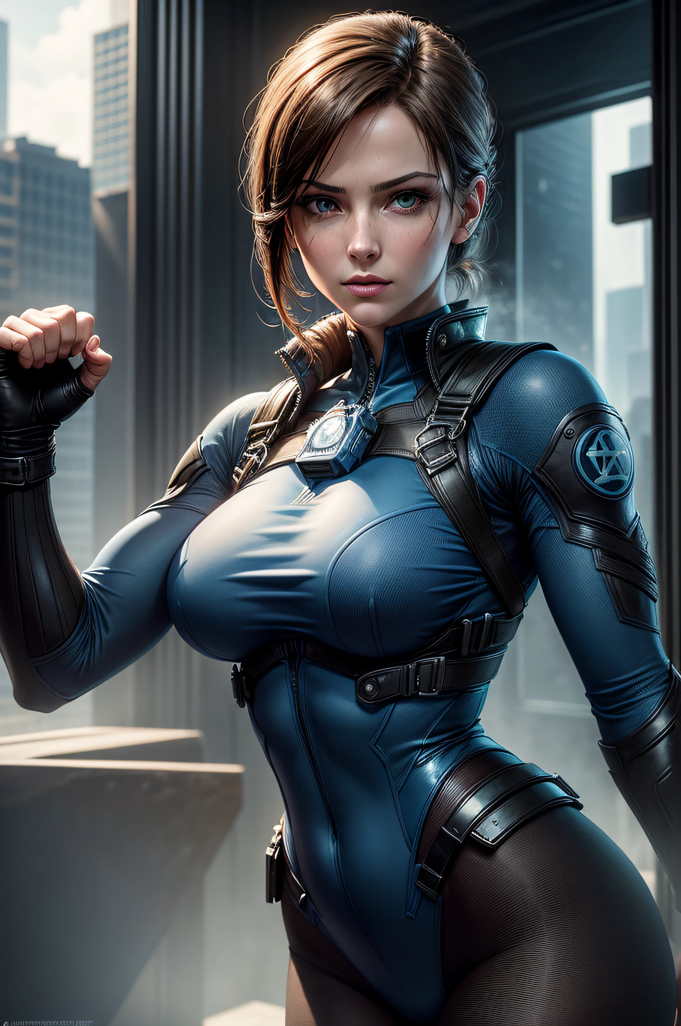 jill valentine from resident evil, Jill Valentine carefully balances on a skyscraper crane at a dizzying height above a futuristic megacity, view from above shows hypermodern urban skyscrapers and busy streets crowded with busy citicens and lots of car traffic, ((not busty breast)), perfect beautiful face, intricate, elegant, highly detailed, perfect beautiful eyes, drawn with intricate details, anatomically correct hands with four fingers and one thumb,, a sunny day, dark-blue, azure-blue clear sky, natual ultra realistic lighing shadows reflections, trending on artstation, by Tom Bagshaw and Seb McKinnon, 150mm action portrait, photography, epic cinematic, octane render , denoise, photograph with a Hasselblad H3DII, extremely detailed fighting attackers, Resident Evil, fists, fingerless gloves, dynamic pose, military uniform, bulletproof vest, volumetric lighting, best quality, masterpiece, intricate details, tonemapping, sharp focus, hyper detailed, trending on Artstation, photorealistic, ultra conplex scenery, insanely complex background scenery with highest intricate details.