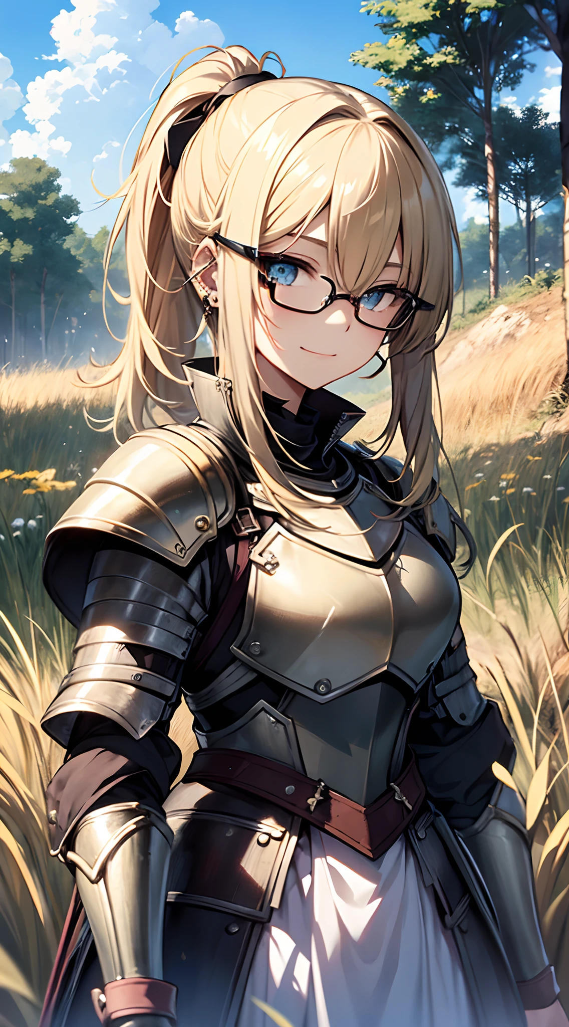 top-quality、Top image quality、masterpiece、girl with((18year old、Knight Armor:1.6、Carrying the sword:1.5、Bust 90、a blond、disheveled ponytail、Blue eyes、open chest wide、Happiness、Black wristband on wrist、eye glass、Ear-piercing))、A slender、hiquality、visualart、Background with((grass field))、masutepiece