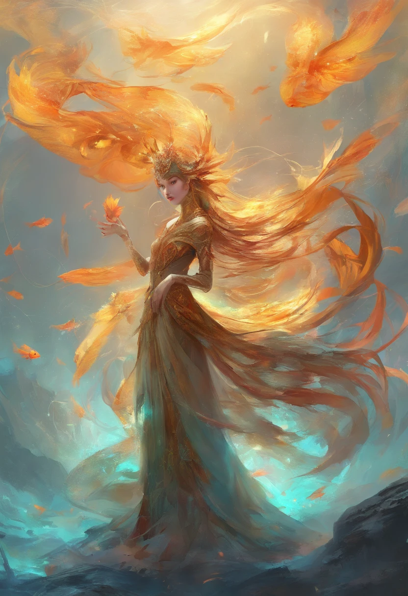 Perfect centering, Fantastic goldfish, cheerfulness, Standing position, Abstract beauty, Centered, Looking at the camera, Facing the camera, Approaching perfection, Dynamic, Highly detailed, Smooth, Sharp Focus, 8K, hight resolution, Illustration, art by carne griffiths and wadim kashin, black backgrounds