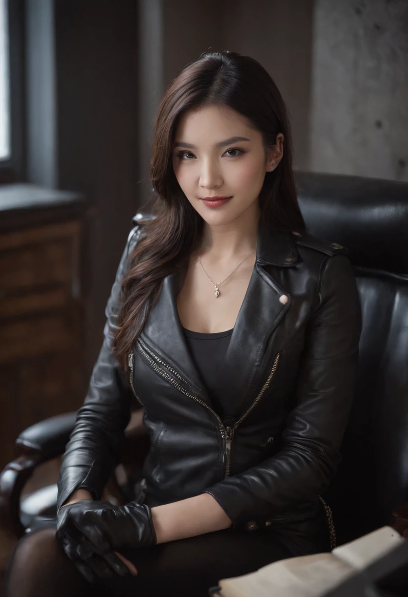Wearing black leather gloves in both hands Upper body Black leather riders jacket Black leather skinny pants Black leather long boots Necklace on the chest Smiling at the desk in the modern study in the dark, long straight black hair Young Japanese woman (black leather gloves cover both hands) With the fingers of black leather gloves, sitting on a leather chair, working on the computer, staring at the screen
