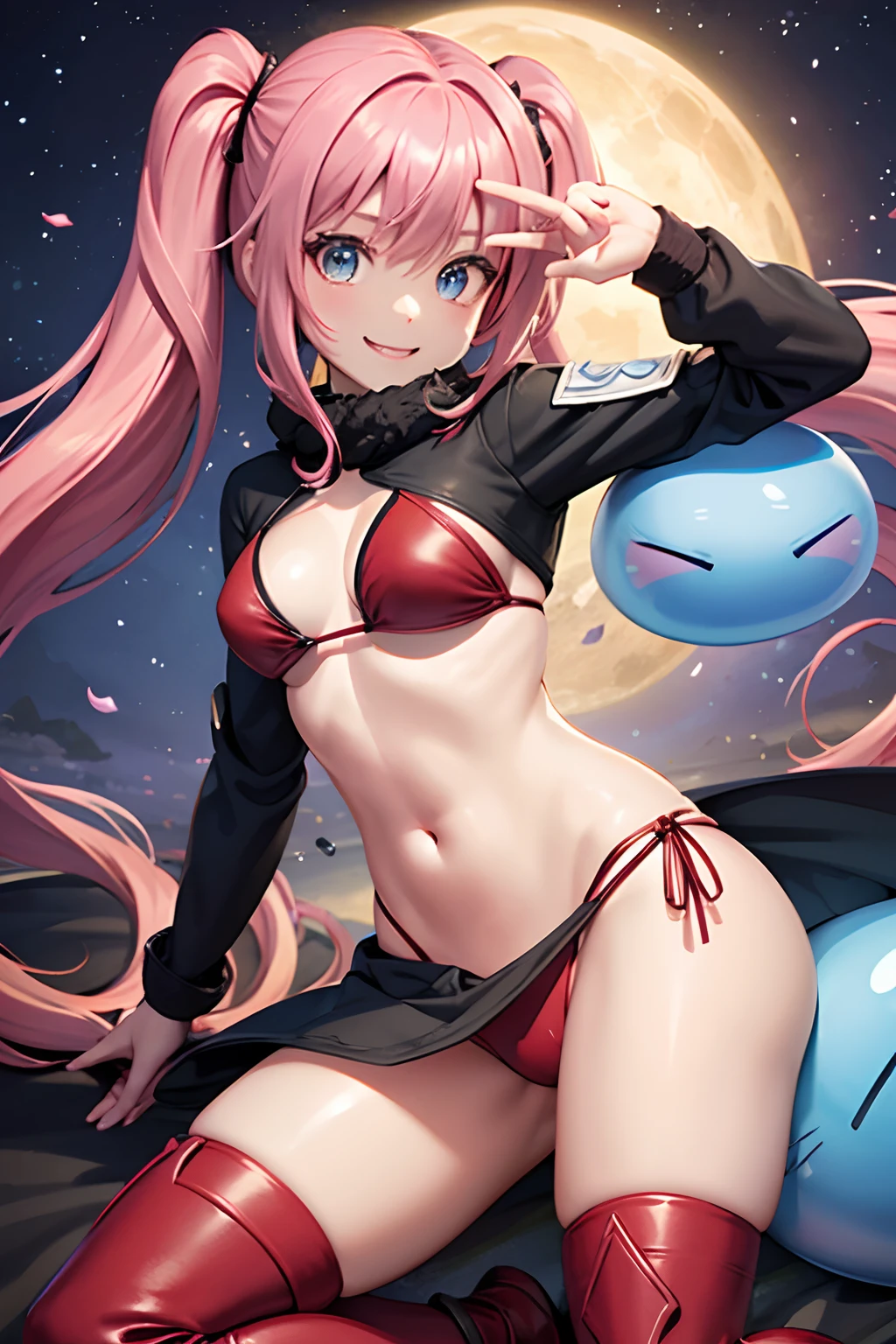 1female、When I was reincarnated, I was a slime character（Mirim）、Demon King Mirim、The body of the masterpiece Mirim、Top Quality Bikini Armor、bikini-armor、Mirim's Face Accurate、blue eyess、animesque、Pink Hair、Twin-tailed、Proud twintails、Hair、Red Long Boots、Ultra-detailed red long boots、small tits、a smile、huge smile、