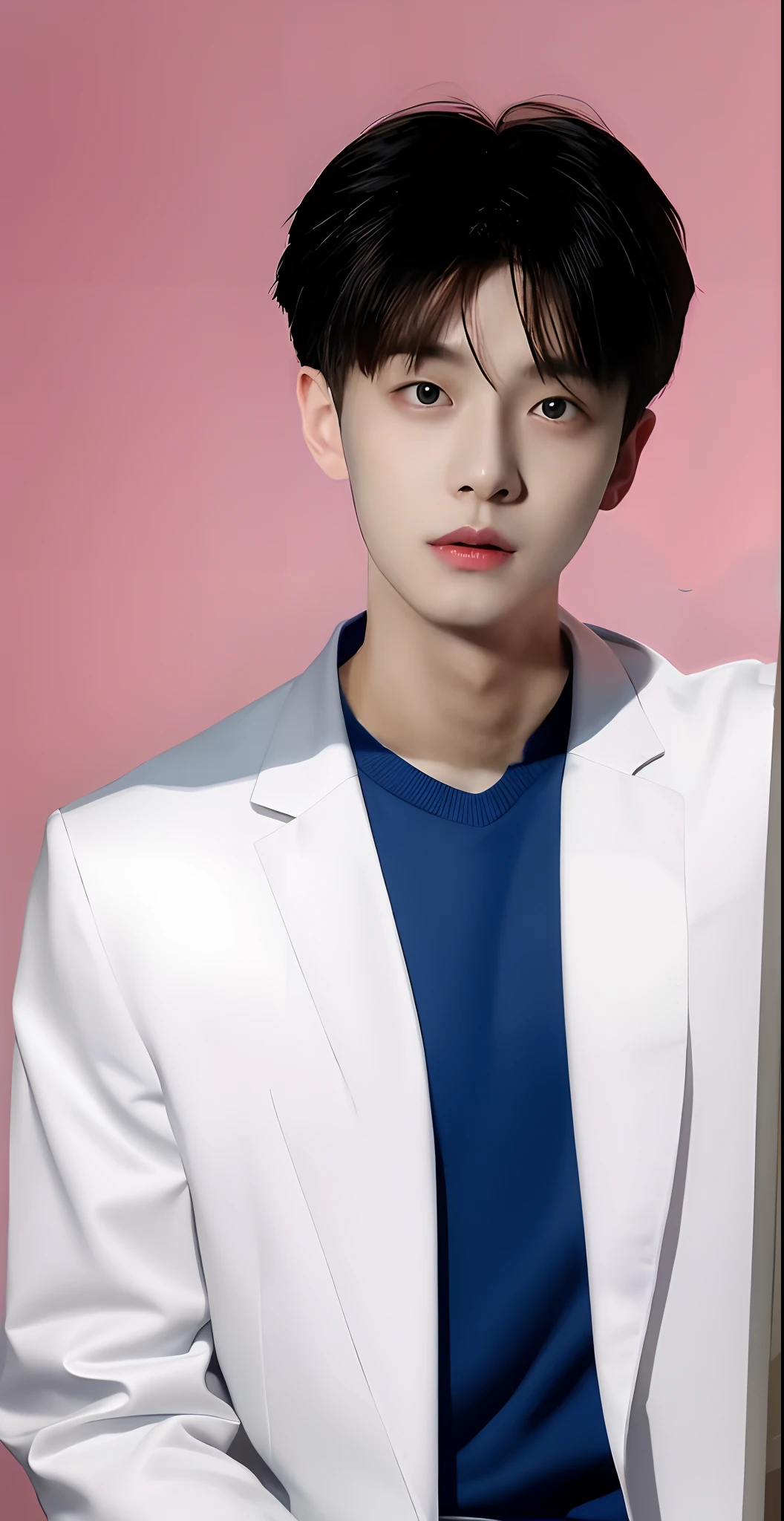 Close-up of a man in a blue jacket and red shirt, Kim Do-young, inspired by Yanjun Cheng, Inspired by Bian Shoumin, yanjun cheng, Cai Xukun, Shin Jinying, Male ulzzang, inspired by jeonseok lee, shinji, hyung tae, Kim Tae-joon, hong june hyung, inspired by Kun Can, jinyoung shin aesthetic
