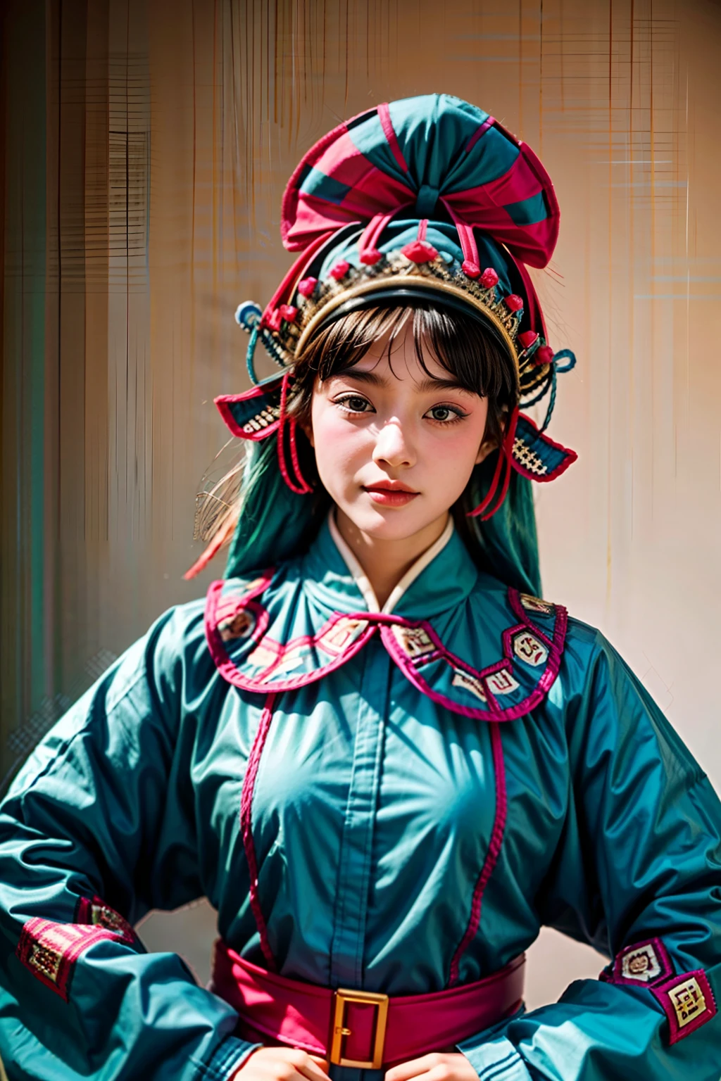 1girll, Solo, , photo-realistic, Ultra detailed,（Peking Opera Half Noodles：1.2） 1 girl, CNOperaCrown, From the front side, view the viewer, Peking Opera costumes,headdress,,(young cute beautiful 18-year-old girl:1.4),  Flat bangs