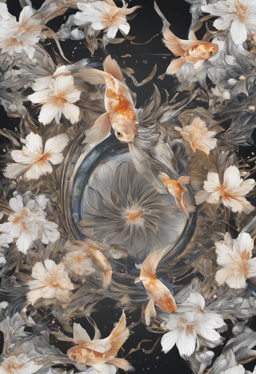 Perfect centering, Fantastic goldfish, cheerfulness, Standing position, Abstract beauty, Centered, Looking at the camera, Facing the camera, Approaching perfection, Dynamic, Highly detailed, Smooth, Sharp Focus, 8K, hight resolution, Illustration, art by carne griffiths and wadim kashin, black backgrounds