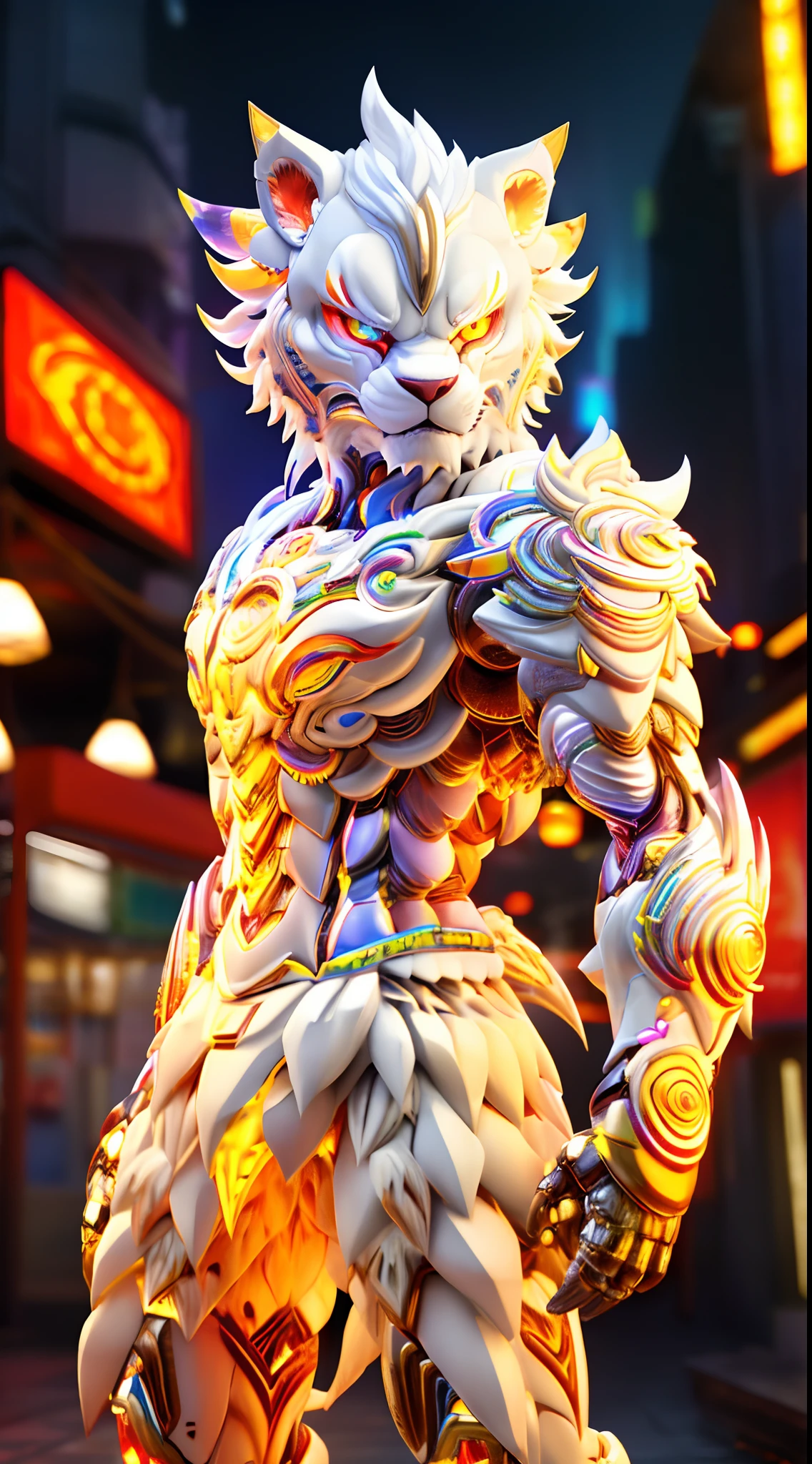 CHINESE WHITE LION, LION HEAD, (Heterochromia eye:1.4), CRYSTAL ARMOR, TRANSPARANT, MUSCLE BODY.