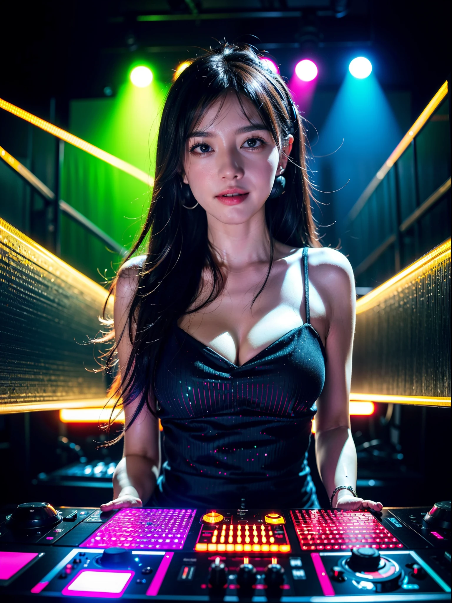 (best quality,4k,8k,highres,masterpiece:1.2),ultra-detailed,(realistic,photorealistic,photo-realistic:1.37),A girl DJ with musical instruments,vibrant colors,studio lighting,bokeh,detailed face expression,dynamic pose,futuristic headphones,energetic dance floor,professional equipment,electric atmosphere,dancing crowd,strobing lights in the background,shining stage,sparkling disco ball,playful and lively mood,smoke machine,superb sound system,laser effects,jumping bass,electronic beats,clubbing theme,vivid colors,neon lights.