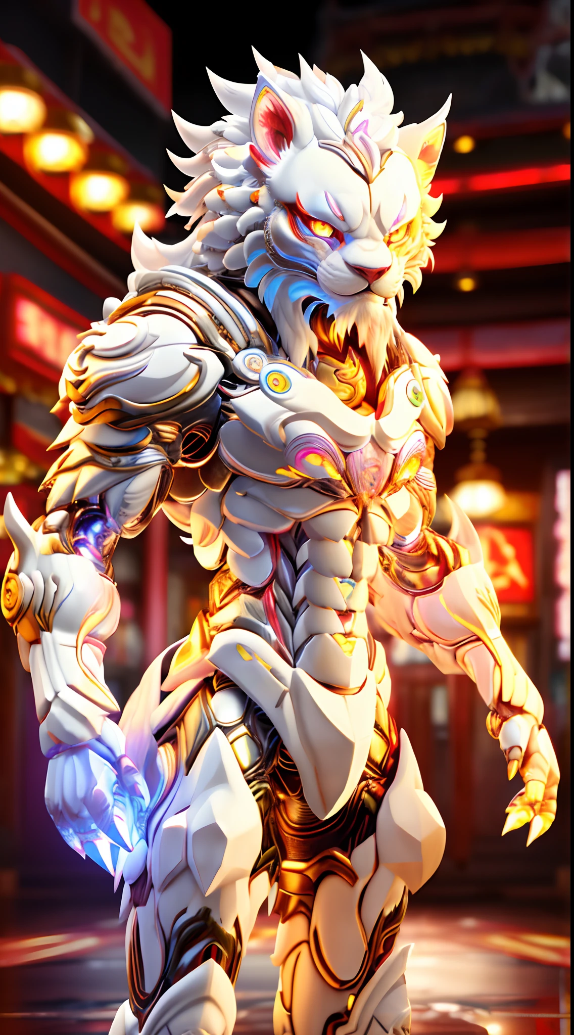 CHINESE WHITE LION, LION HEAD, (Heterochromia eye:1.4), CRYSTAL ARMOR, TRANSPARANT, MUSCLE BODY.