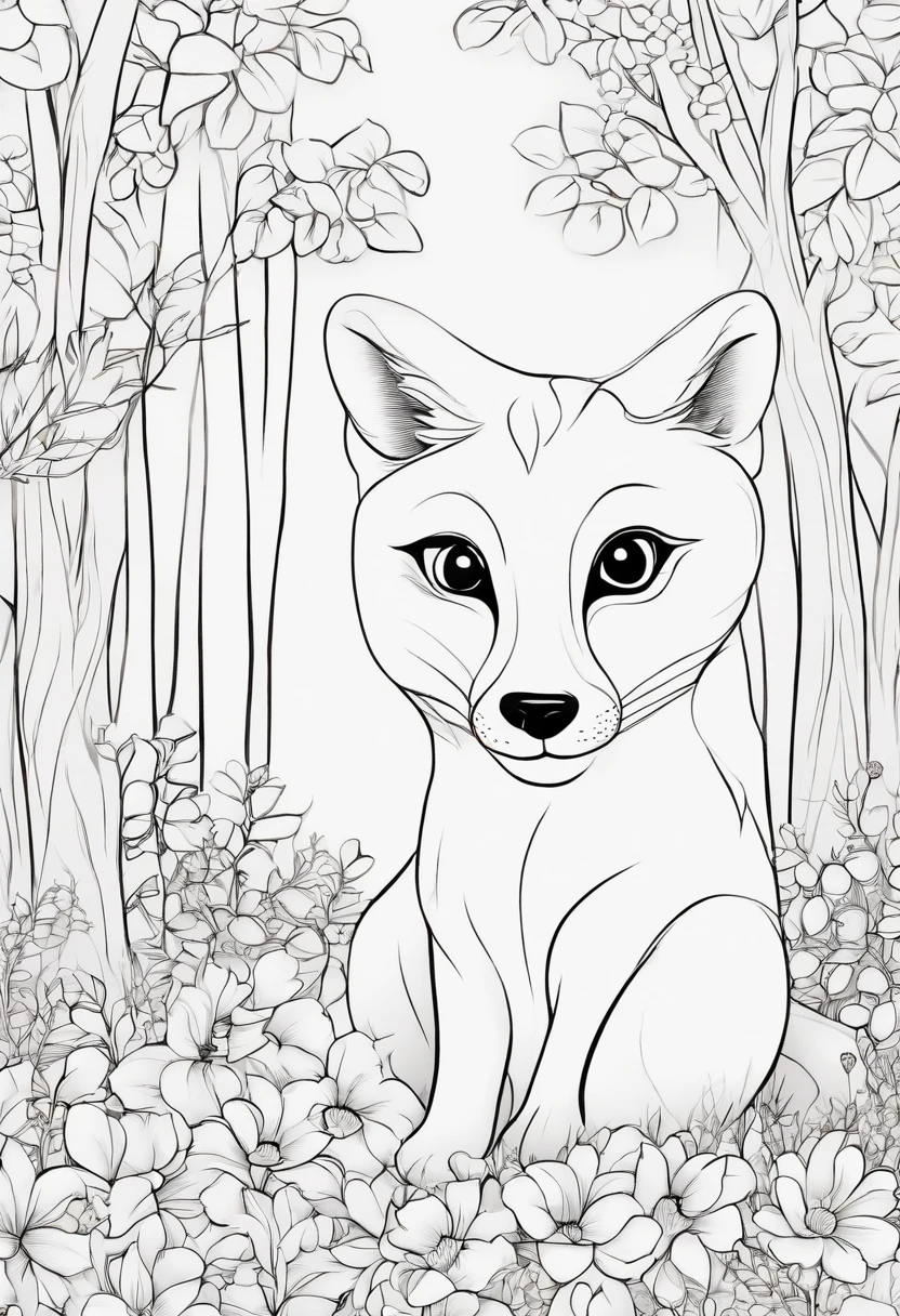 Por favor, Create a coloring image of an adorable fox sitting in a grove. The panda should be surrounded by trees with wildflowers scattered on the ground, should have simple strokes and thick lines to make it easier to fill with colors. Certifique-se de que a imagem tenha muitos detalhes para colorir, como o pelo do panda, the leaves of the trees and the flowers on the ground. This image will be used by children, em seguida, should be attractive and suitable for coloring with colored pencils or crayons