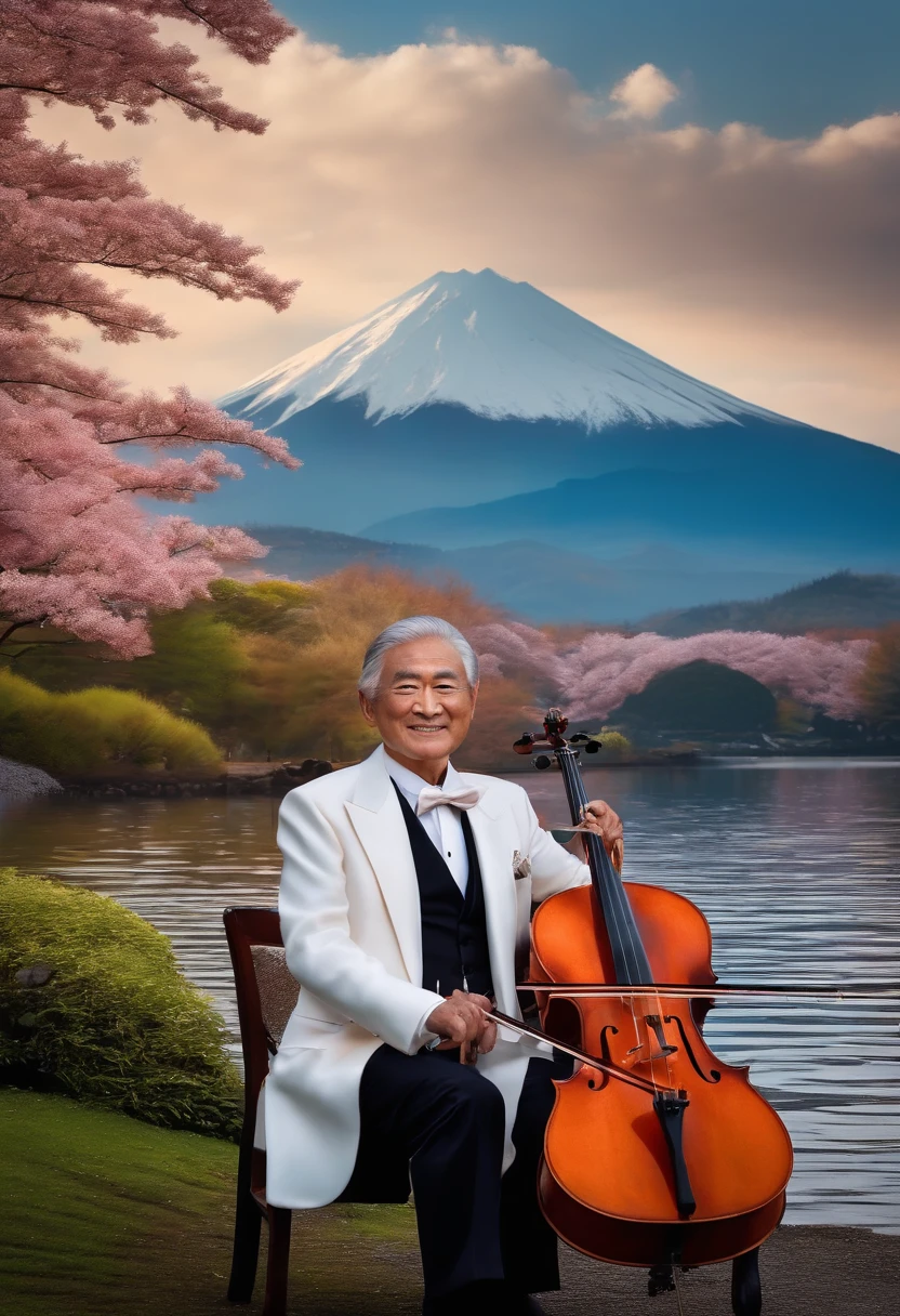 (Best Quality, Realistic, Photorealistic:1.37), Elegant, Japan man in his 70s wearing a tuxedo, Playing the cello, Yamanaka Lakeside, Mt. Fuji seen in the distance, With swans swimming in the lake, Vibrant colors, Soft lighting