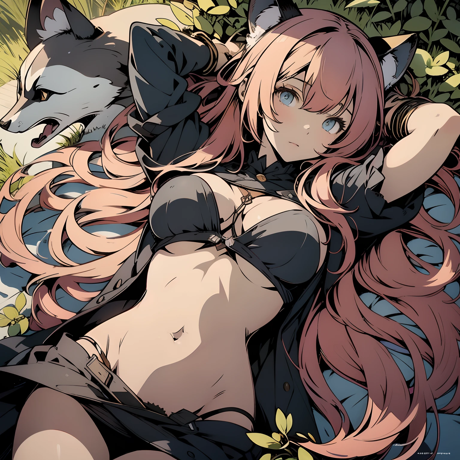 (masterpiece, best quality), beautiful girl,Raphtalia, racoon ears, lying, (detailed beautiful eyes) medium body shot, underboob, visible bellybutton