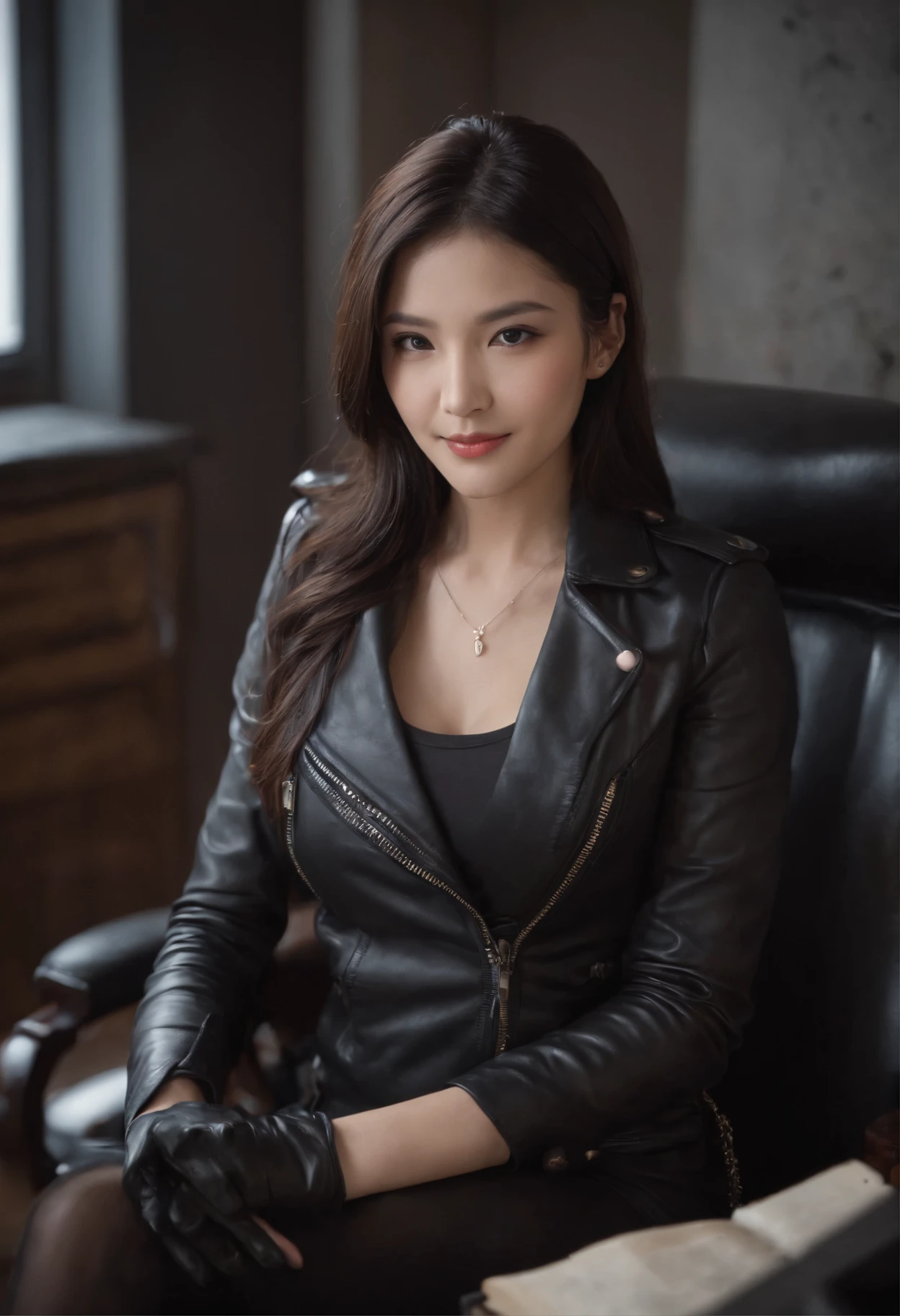 Wearing black leather gloves in both hands Upper body Black leather riders jacket Black leather skinny pants Black leather long boots Necklace on the chest Smiling at the desk in the modern study in the dark, long straight black hair Young Japanese woman (black leather gloves cover both hands) With the fingers of black leather gloves, sitting on a leather chair, working on the computer, staring at the screen