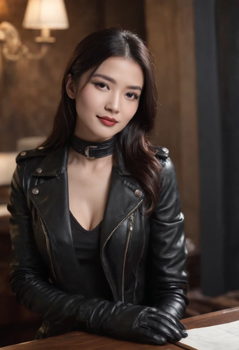 Wearing black leather gloves in both hands Upper body Black leather riders jacket Black leather skinny pants Black leather long boots Necklace on the chest Smiling at the desk in the modern study in the dark, long straight black hair Young Japanese woman (black leather gloves cover both hands) With the fingers of black leather gloves, sitting on a leather chair, working on the computer, staring at the screen