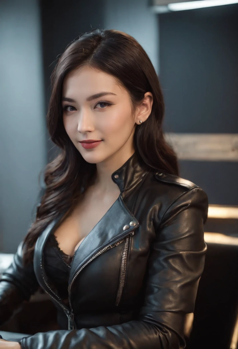 Wearing black leather gloves in both hands Upper body Black leather riders jacket Black leather skinny pants Black leather long boots Necklace on the chest Smiling at the desk in the modern study in the dark, long straight black hair Young Japanese woman (black leather gloves cover both hands) With the fingers of black leather gloves, sitting on a leather chair, working on the computer, staring at the screen