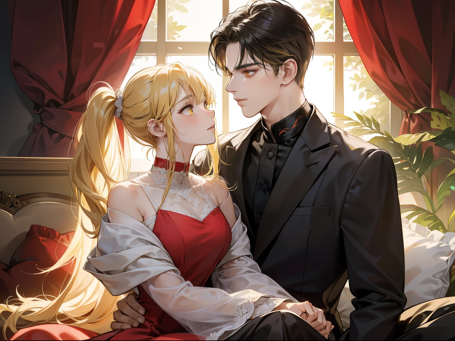 Couple, 1 girl 1 boy, different hair color, long blonde bang hair side ponytail bangs and yellow eyes, short black hair forehead and red eyes, romance, sit on the laps, face to face. elegant long dress