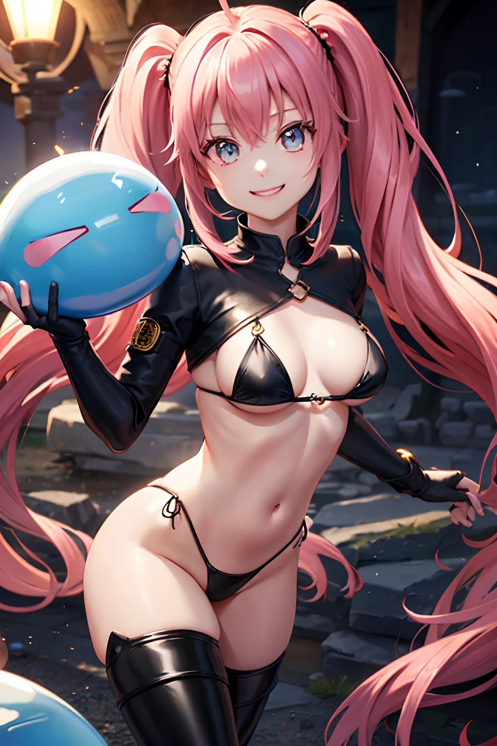 1female、When I was reincarnated, I was a slime character（Mirim）、Demon King Mirim、The body of the masterpiece Mirim、Top Quality Bikini Armor、Black Bikini Armor、Mirim's Face Accurate、blue eyess、animesque、Pink Hair、Twin-tailed、Proud twintails、Hair、Red Long Boots、Ultra-detailed red long boots、small tits、a smile、huge smile、Big Ahoge、